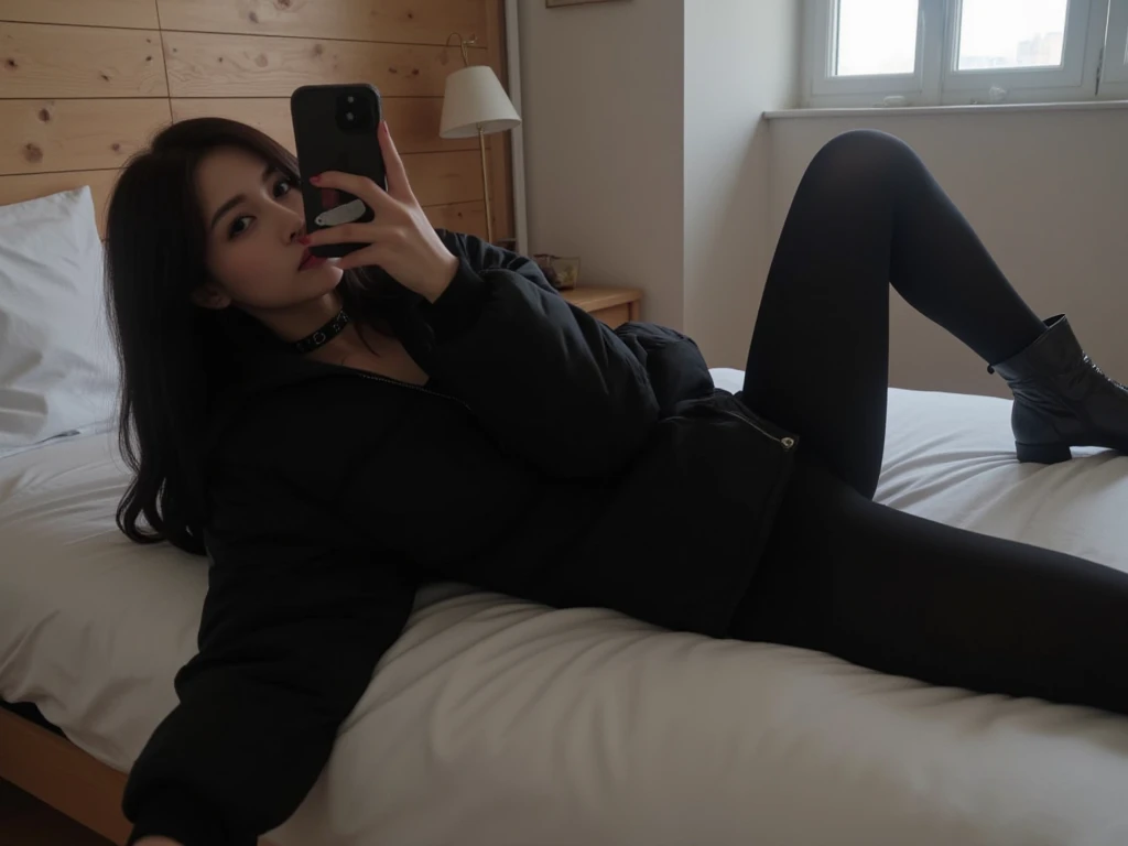there is a woman Sitting on a bed taking a picture of herself, posing in a bedroom, Anna Nikonova aka Newmilky, Sitting on a bed, 18 years, sitting in bed, Pretty face with arms and legs, taken in 2 0 2 0, Instagram Template, thighs and skirt, with long hair and piercing eyes, sitting on her bed