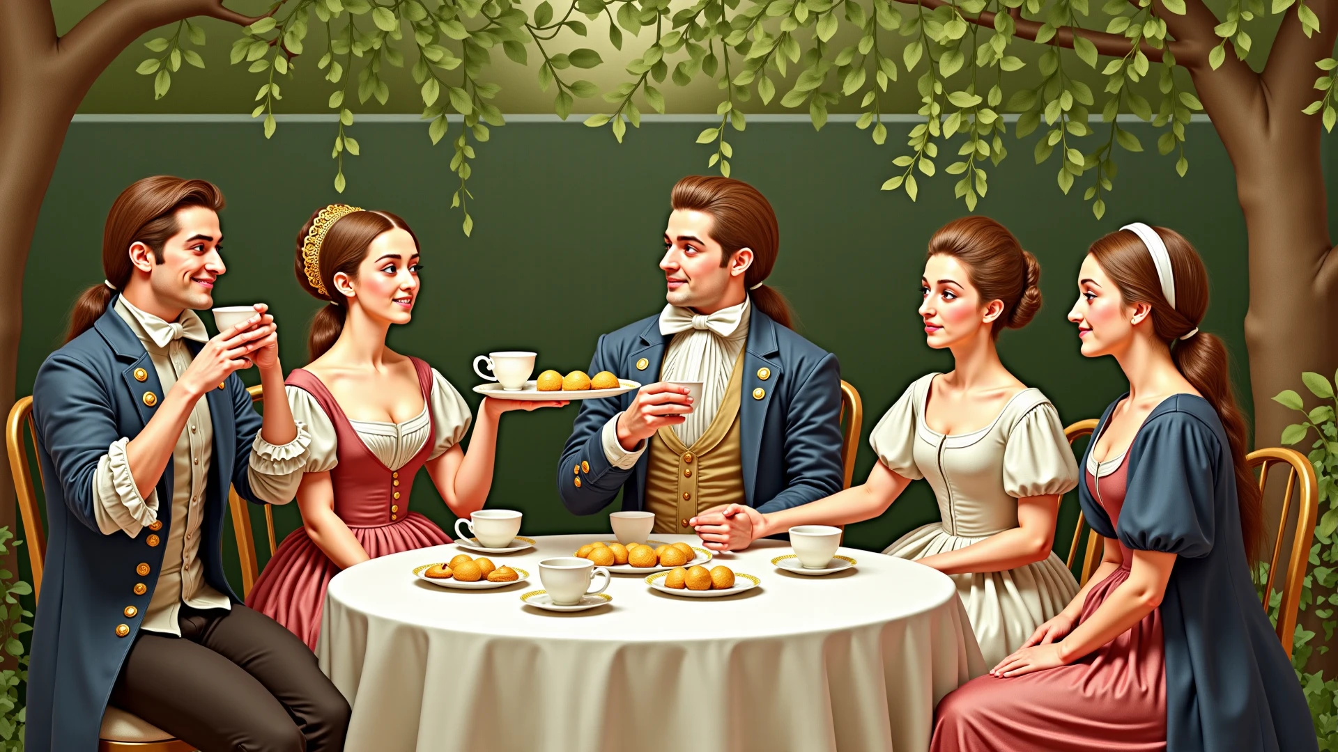 score_9, score_8_up, score_7_up, score_6_up, score_5_up, score_4_up, Three women sat around the table having a tea party, with gourmet chocolates on the table and two male attendants beside them, hasselblad photoshoot.g, hud_shera_bk_styl, <lora:shera-000007:1>,