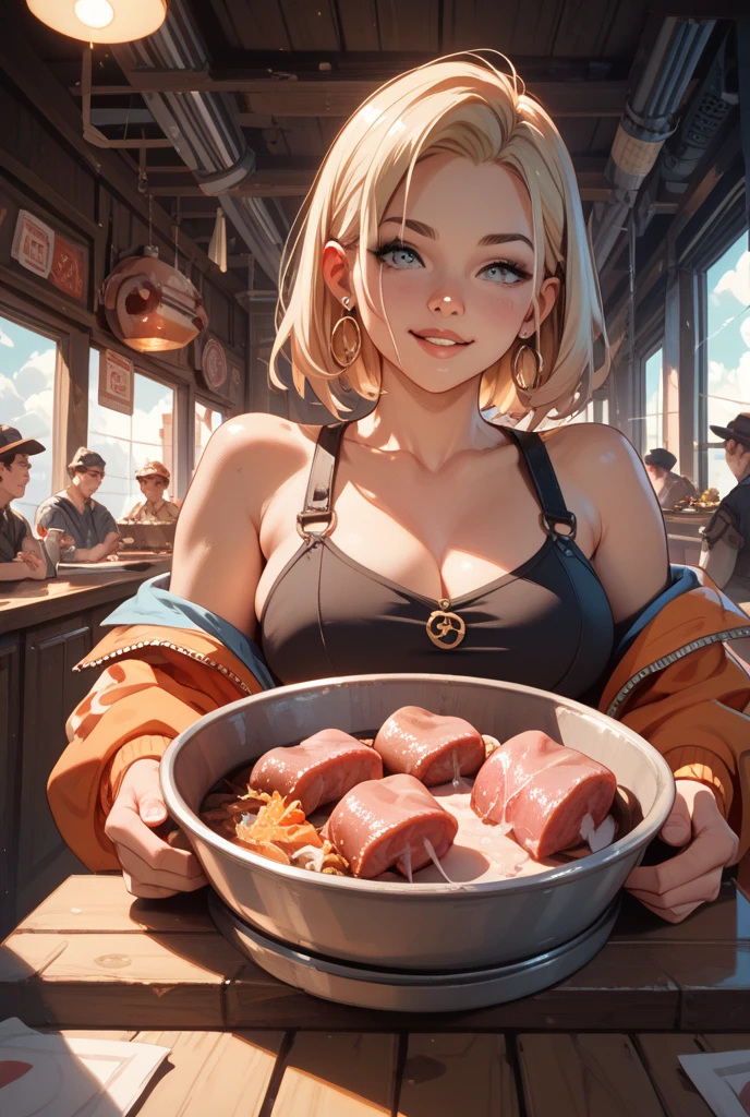 (complex, two subjects) a goblin woman with ratchet looks, large bust, big butt, a little bit fat, some missing teeth, tattoos, wearing daisy dukes and a crop top with no bra, merrily prepping a large stew pot and vegetables, glad expression, realistic, photorealistic, photo-realistic:1.37, best quality,4k,8k,highres,masterpiece:1.2,ultra-detailed,realistic lighting,vivid colors,cinematic composition,dramatic lighting,cinematic atmosphere
