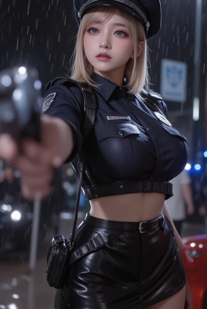 ((Best Quality, 8K, masutepiece:1.3, 1 girl, Beautiful Girl)), Cute, Detailed face, Detailed skin, Detailed eyes, Detailed lips, Detailed fingers, Photorealistic, Raw photo, Natural light, perfect anatomy, Dynamic Pose, toned legs, highres, (policegirl uniform), Japanese girl, sweaty, white hair, crowds, cyberpunk city, cyberpunk police, prisoners, messy background, cleavage, outdoor, 3 boys, zombies in background, cum on breasts, holding gun, ruins, sky, cloud, long hair, thighs, (paizuri invitation)
