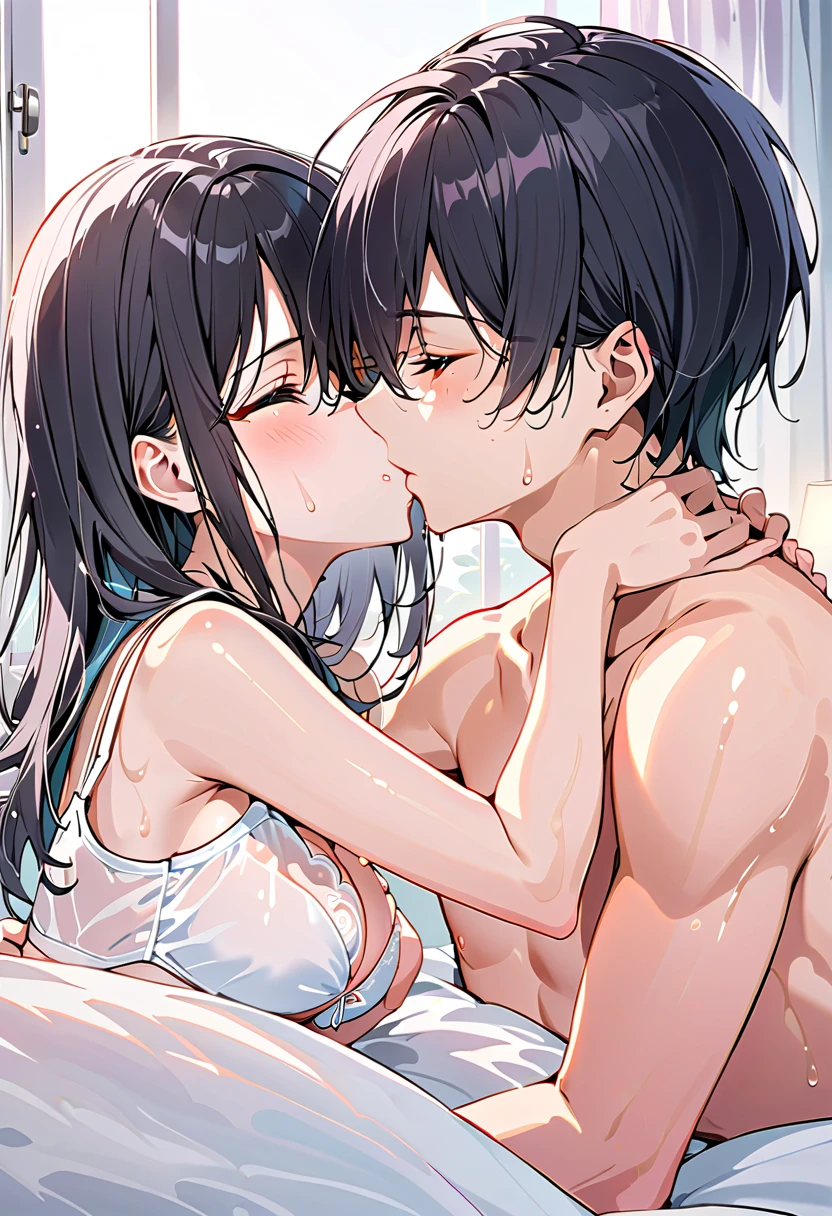 A middle-aged man is kissing a topless, pantyless, blue-checked skirt-wearing girl with erect nipples, short black hair, small breasts and pale pubic hair, as she spreads her legs.