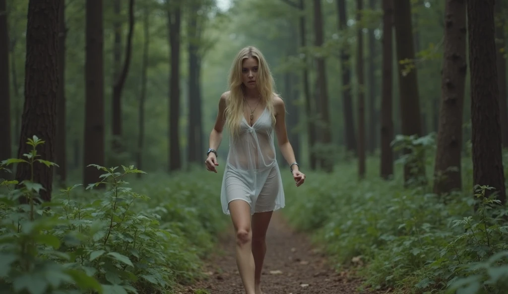 An extremely beautiful, cute, athletic blonde white woman with medium sized breasts who looks like Emma Watson is walking alone in a very dark forest. She is wearing a revealing, tiny see through translucent dress. and her breasts and vagina are clearly visible. She is otherwise naked. She is not wearing a bra or panties. She is carrying a large backpack. She is wearing a gun in a holster belt across her waist. Closeup