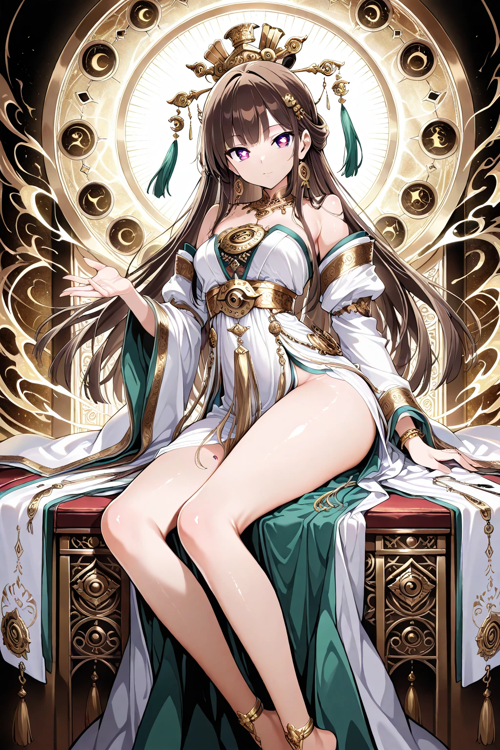 goddes、soio、She wears golden ornaments all over her body、Naked except for accessories、large full breasts、long black hair that reaches down to the legs、Aztec mythology、Doing yoga
