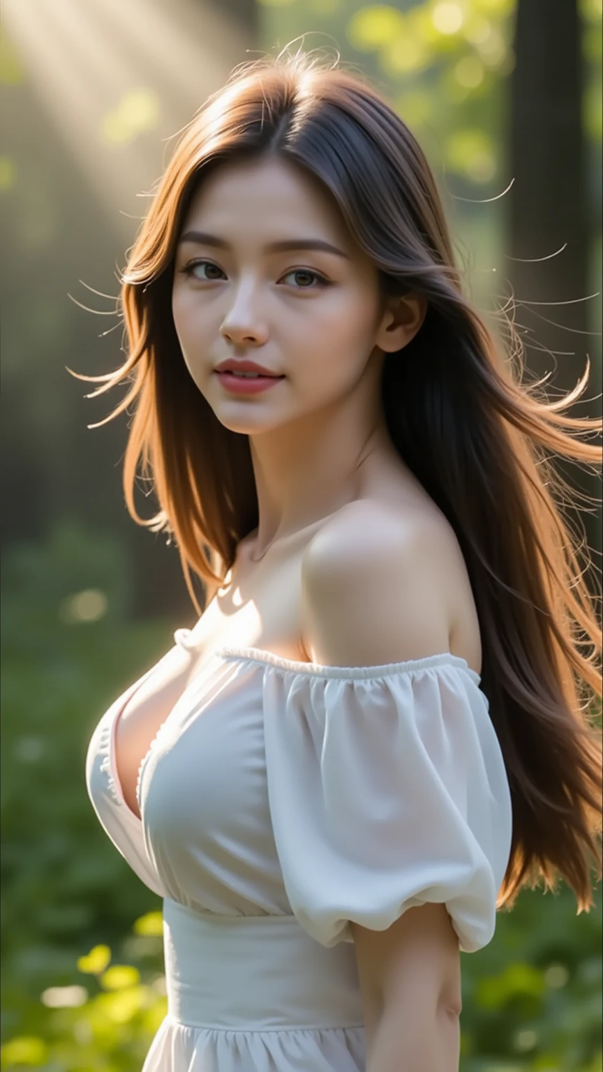 masterpiece, highest quality, High resolution, wallpaper, realistic, (bright lighting:1.4), professional lighting, face light, smooth lighting, japanese girl, full body, cute, open mouth to say something, shy, holding a beautiful large bouquet of flowers in front of her chest, Beautiful girl, gravure, sexy, super beautiful, beautiful skin, beautiful and detailed eyes、detailed face、slim、moderately, long wavy hair, brunette colored hair, brown eyes, (looking away:1.4), Summer Dresses, The morning sunlight shines through the misty forest path.