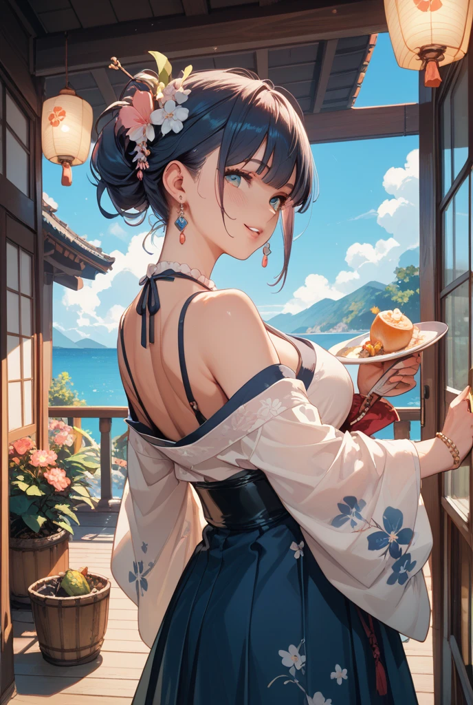 masterpiece,Highest quality, Highest quality, Perfect Skin, Beautiful attention to detail,Detailed face,Dynamic Lighting,One Girl,View your audience, nmm1, nekomusume, nekomusume \(gegege no kitarou 6\), One Girl, Purple Hair, Yellow Eyes, alone, Red choker, Hair Ribbon, Pointy Ears, short hair, bangs, clavicle, brooch, jewelry,discovery, score_9、score_8_upper、score_7_upper、score_6_upper、Source Anime、1 girl、alone、Perfect Face、Perfect Eyes、Cute Face、Sexy Girls、Fascinating、Beautiful Eyes、 body、Glowing Skin、Wide Hips、 chest、Balcony along the coast、Weathered wooden furniture on the beachfront、Ocean themed decor、Refreshing linen curtains swaying in the sea breeze、A collection of shells and driftwood lined upper on a shelf、And the sound of the waves lulls me to sleep、Skin dents、Chest misalignment、Smooth and straight cottage、exit、bohemian chic summer outfits: Flowing maxi skirt、cropped bohemian blouse、Fringe sandals、Straw hat、Beaded Bracelets、Tassel Earrings、Round ass、Turn your back on the viewer、Reach your audience、Grin、片方の眉をupperげる
