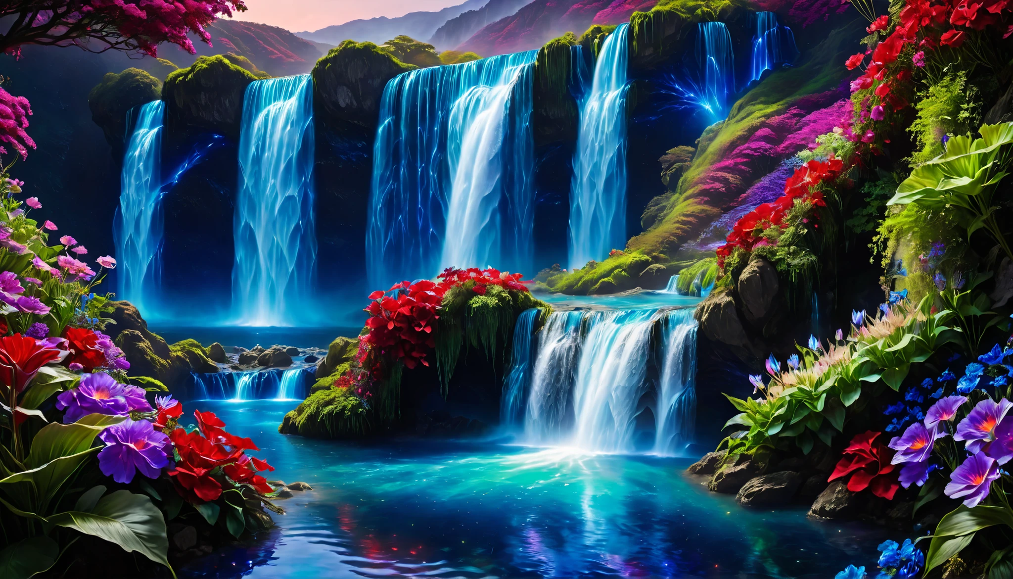 Shiny purple |Pink|turquoise green |Cobalt Blue|blue waterfall amongst strange magic flowers, At night, glowing fairy lights , magic, High quality fairyland waterfall, Realistic Water, ripple, 8k,(and a mysterious and majestic waterfall that can be seen behind {x}:1.5),The most beautiful country in the world々Landscape Photography,(大きなCobalt Blue,turquoise blue, purple, red, and green flowers are in full bloom:1.5),