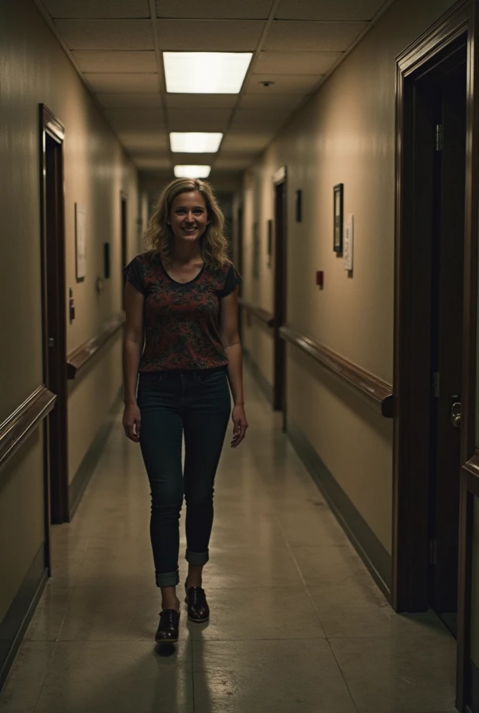 A 60-year-old woman, 5'6" tall and obese weighing 176 lbs. Wearing prescription glasses and dressed in a short red baby doll dress and high heels, with wavy, slightly graying hair, is standing and smiling at night in a long, murky, decadent and poorly lit hallway,