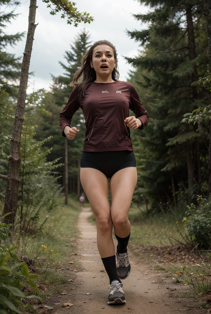 girl in sportswear runs through a dense forest