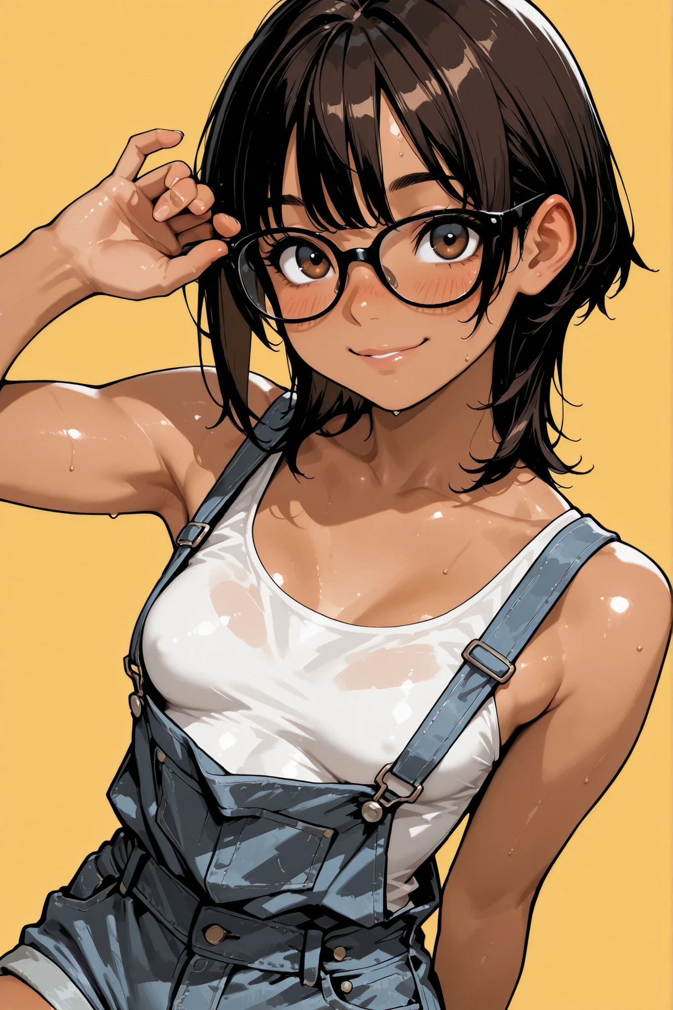 1girl,Super Detailed,absolute resolution,(dynamic angles),portrait,pinup,(tanned skin:0.5),(tanlines:0.4),white tight tank top,denim overall shorts,Bare Foot,black-framed eyewear,hand on eyewear,detailed and beautiful face and eyes,dark brown big eyes,(Bulbous Nose:0.3),Japanese girl,healthy body,(muscular calves:0.6),black shiny hair,Short Height,(small breasts:0.8) ,well-defined bust,medium hair,(wet hair:0.3),wolf-cut,(Flowing Sweat:0.3),(blush:0.6),(nose blush:0.8),Bright smile,(yellow Background),