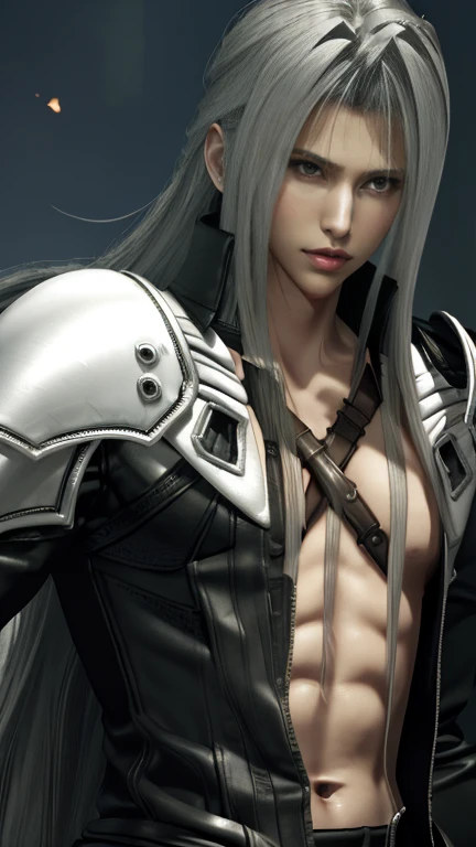 1 boy with a feminine face,Feminine features、 With silver eyes, Final Fantasy Kuja, Sharp eyes raised at the corners of the eyes、Handsome, With silver hair,Hair is not tied up、 Dynamic movement bangs、(slicked back hairstyle) , Demon Slayer Art Slit Eye Handsome Man, Mechanic Machine Cyborg Fusion, Jestic Live Graphics, Realistic, Dynamic Pose, Realistic, Detailed and correct facial structure, Blade Ornament, Attractive, Cinematic lighting, Unreal Engine, Trending on ArtStation, Intricate details, masutepiece, Best Quality, By Irakli Nadar, Greg Rutkowski，(((Best Quality))),(((ultra-detailliert))),(((masutepiece)))、