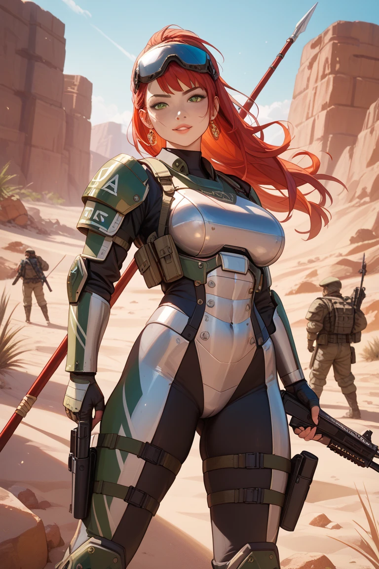 1woman 20 years old, military, beautiful, perfect body, realistic, red hair, perfect body, thin waist, , large breasts, slim thighs, desert background, armored vehicle, flying fighters, military robot dog, camouflaged uniform, wealth of details, tight panties, marking on the front, slender knees, highly detailed, high resolution, prefect hands, slender thighs, show knees, thigh gap, alert eyes
