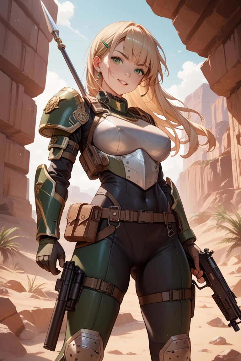 1woman 20 years old, military, camouflaged uniform, beautiful, perfect body, realistic, blonde hair, perfect body, thin waist,  , large breasts, slim thighs, desert background, armored tank, flying fighters, military robot dog, wealth of details, tight panties, marking on the front, slender knees, highly detailed, high resolution, prefect hands, slender thighs, thigh gap