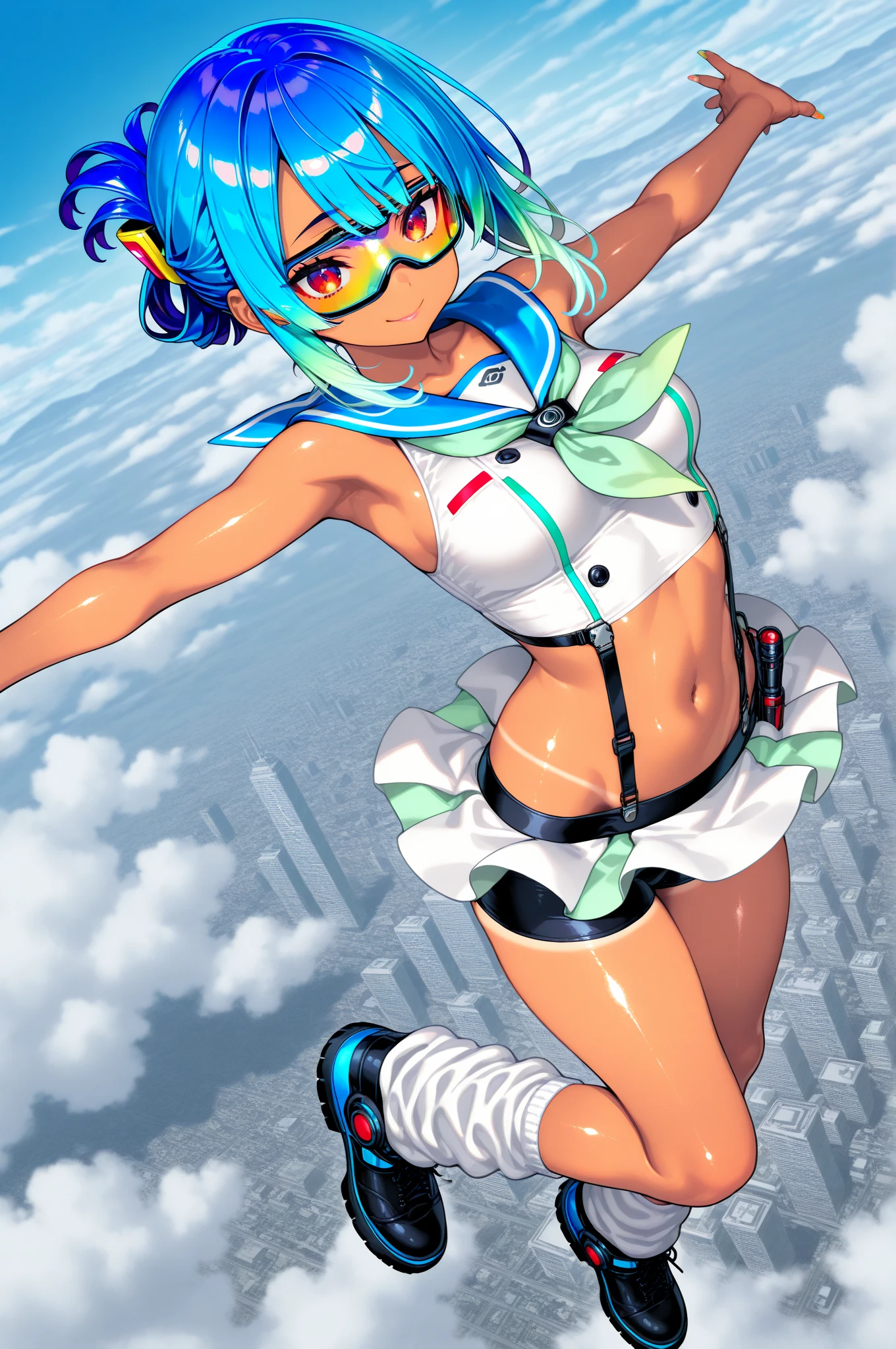 jenny wakeman robot android girl, flying through the clouds, blue tanktop, blue skirt, all white background