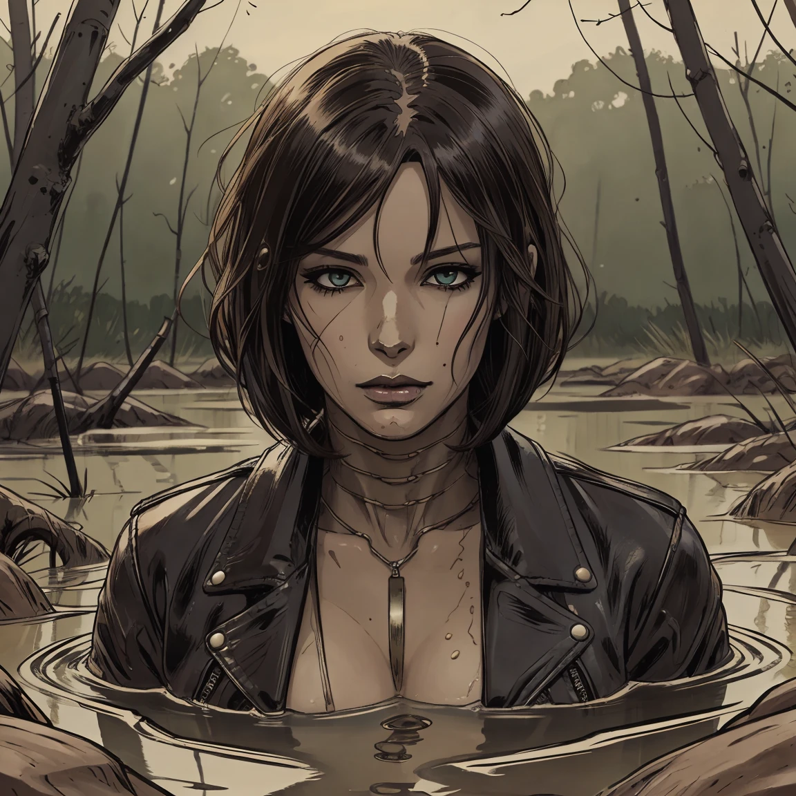 vector image, anime, mature bob-cut woman head, gloomy orgasm, rubber biker jacket, drowning in the middle of quicksand bog, green,red lips, blue, night-sky