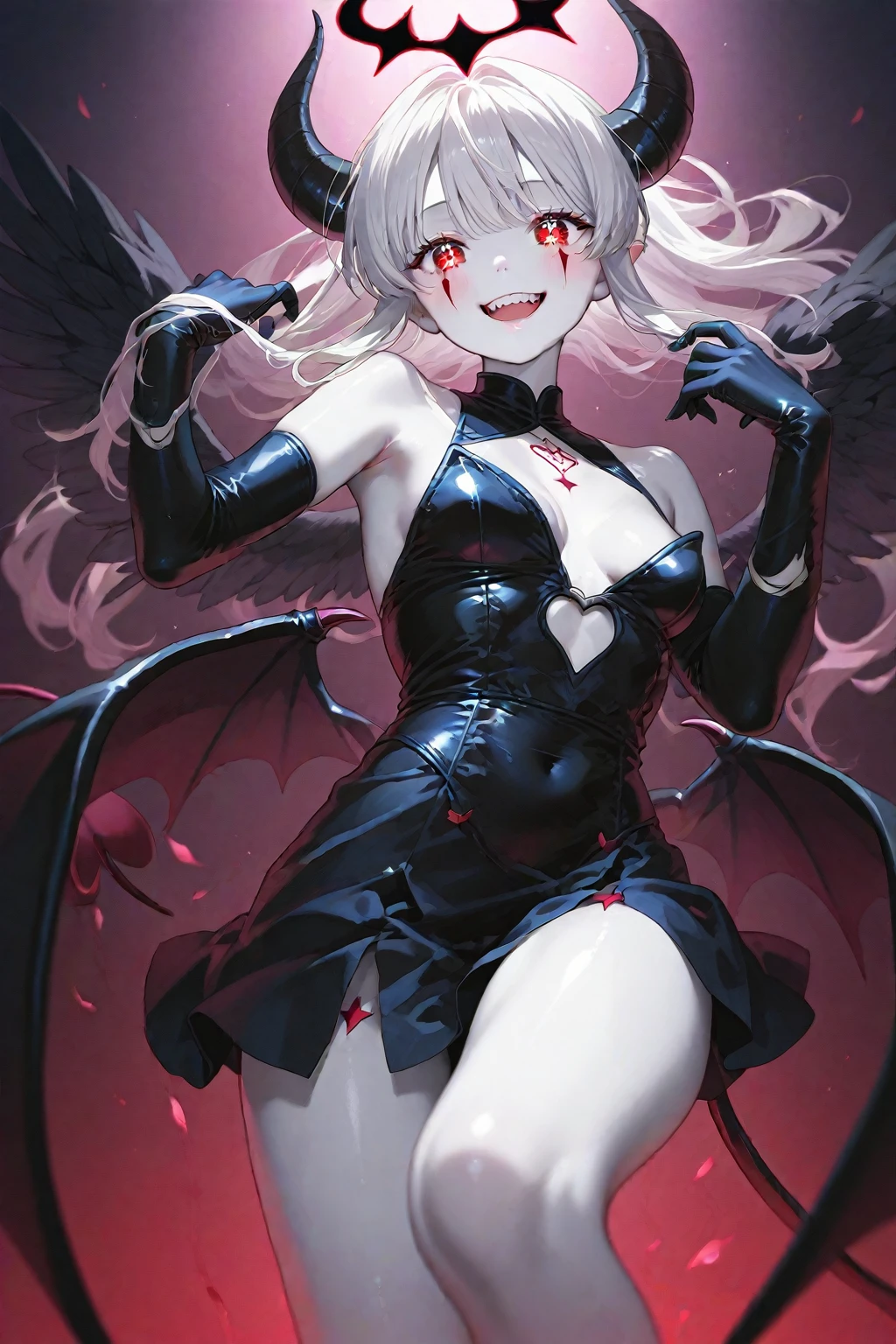 masterpiece, best quality,
1girl, (colorful),(finely detailed beautiful eyes and detailed face),cinematic lighting,bust shot,((young, petite, flat chest)),extremely detailed CG unity 8k wallpaper,white hair,red eyes,solo,smug smile,intricate skirt,((bat lingerie, revealing outfit, sheer clothing, see-through clothing, cutout clothing, skintight)), ((vampire fangs, blood dripping from mouth, licking fingers)), ((flying petal)),(Flowery meadow)
sky, cloudy_sky, building, moonlight, moon, night, (dark theme:1.3), light, fantasy,