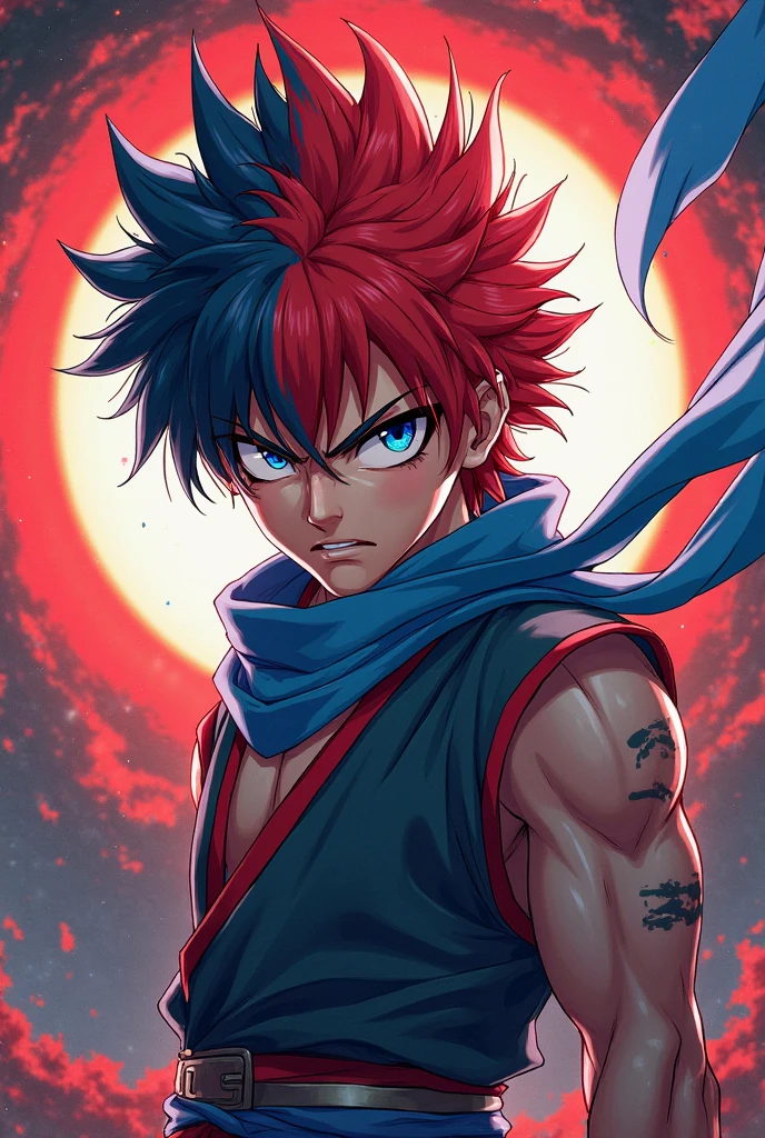 fighter, RPG, アニメ, Red hair, one piece, Youngh, masculine, red tattoos on the body, genshin impact style, 65 kg, ninja band on forehead, sharingan, metal luvas, pirate, mango