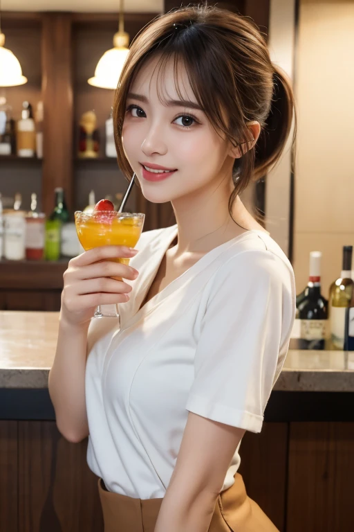 A very cute face like an idol、Looks like a young face、20-year-old female、Gentle and cute、A kind smile、Cleavage、one piece、Stylish bar counter、Indirect lighting at night、Holding a wine glass、whole body、RAW Photos、Genuine、Artistic、Real Stick、High resolution、Genuine Life、No copyright notice