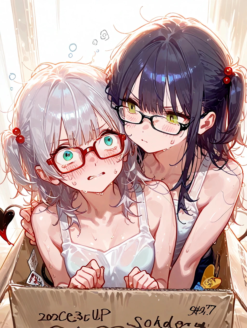 Super detailed, best quality, High resolution, Moe anime, ((Two naked little girls with dark hair and round glasses)), cute eyes, detailed eye description, brilliance of eyes, Looking at Viewer, pale skin, (((petite))), (Big eyes:1.5), smile, focus on the face, at the pool, (((face only:1.3))), ((naked)), open mouth, bright eyes, from side, sit with one's knees up