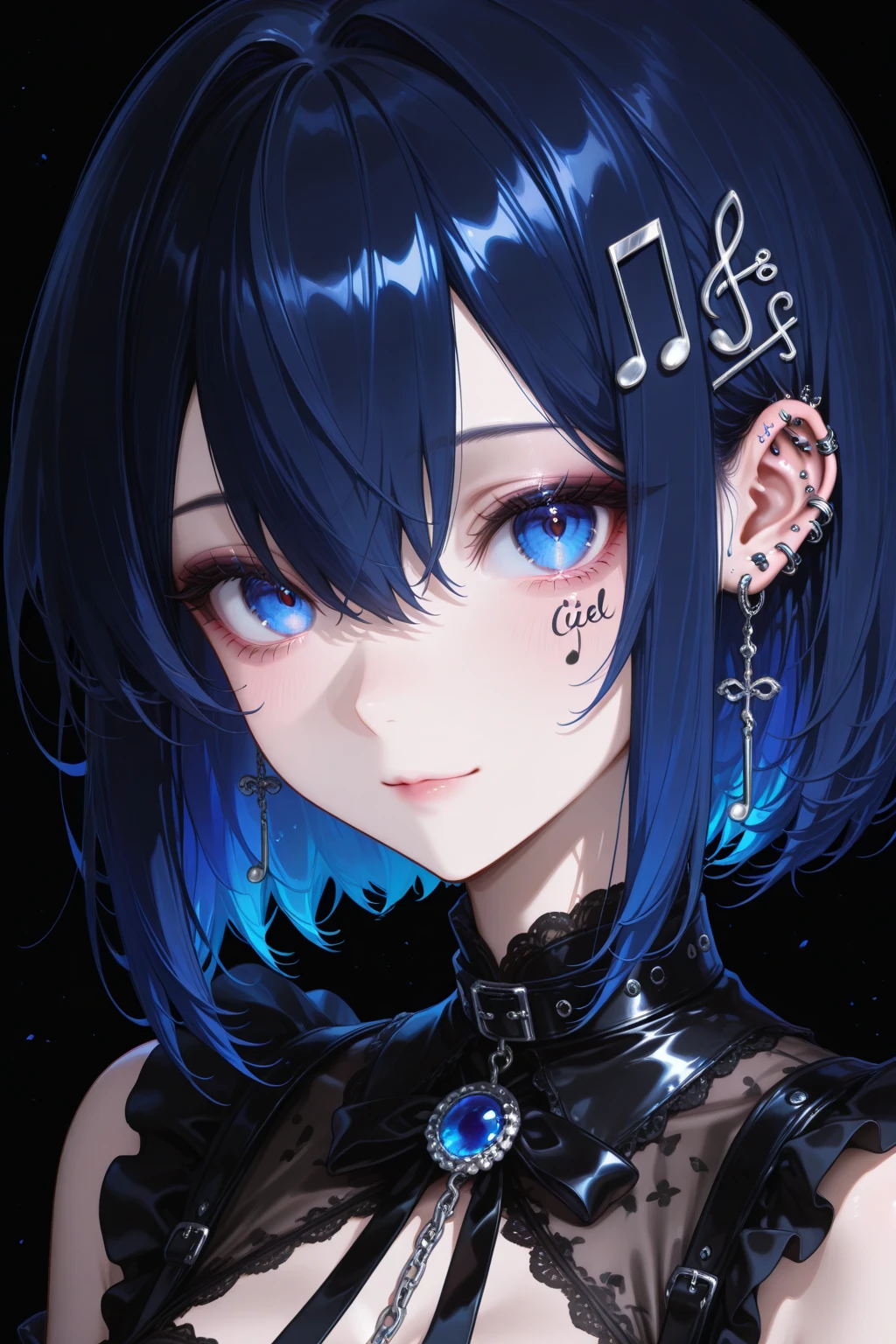 ((top-quality)), ((​masterpiece)), ((ultra-detailliert)), (extremely delicate and beautiful), girl with, 独奏, cold attitude,((Black jacket)),She is very(relax)with  the(Settled down)Looks,A dark-haired, depth of fields,evil smile,Bubble, under the water, Air bubble,bright light blue eyes,Inner color with black hair and light blue tips,Cold background,Bob Hair