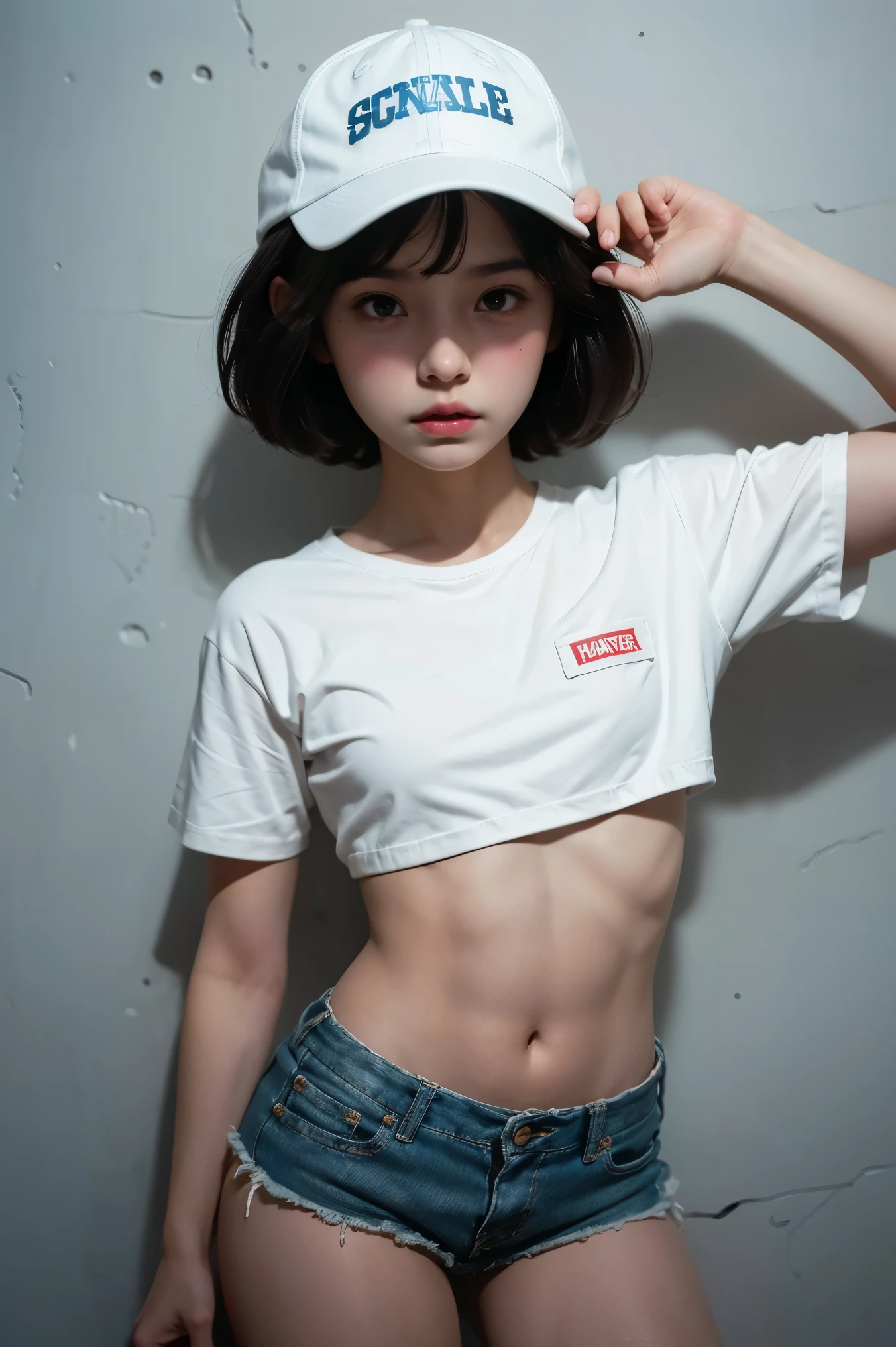 Two,25-year-old little beauty,small heads)Wear a white T-shirt printed with a translucent pattern,denim short,Full body photo,Close-up shot,messy hair style,蝴蝶结🎀背景大街,Classroom,Standing and posing,Slim figure,Small lips,mature