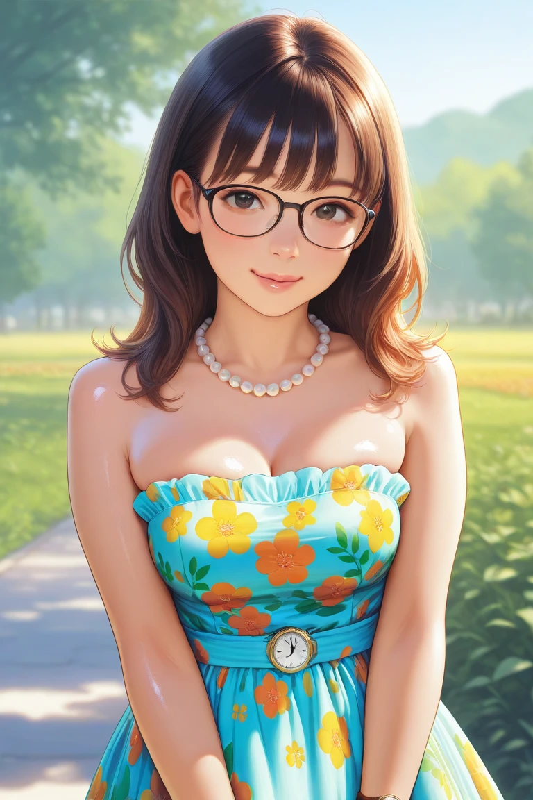 (Gal Gadot:Evangeline Lilly), (looking at viewer, light smile, ), brown hair, brown eyes, long hair, hair_flying, Fluttering hair, flying_hair, ((Transparent glasses, glasses, glasses_on_nose)), ((white dress)), (downblouse), (no bra), sexy, charming, stunning, enhance, delicate, (pale skin, real_skin), sunlight, spring, field of flowers, (flowers in the hair), outdoor, best quality, high quality, highres, 8k, photo realistic.