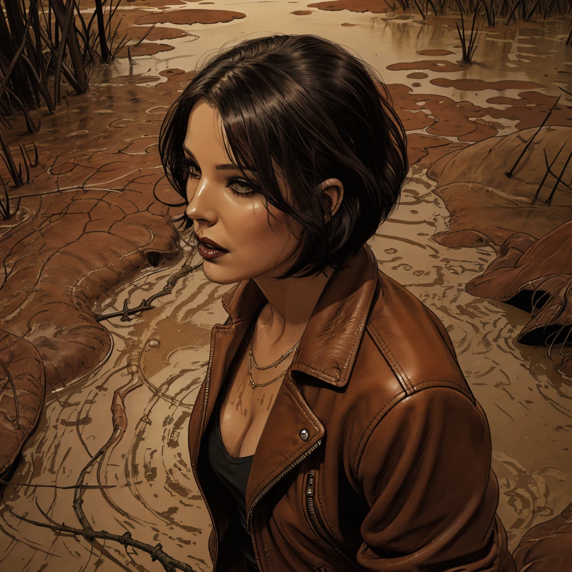 vector image, anime, mature bob-cut woman head, gloomy orgasm, rubber biker jacket, drowning in the middle of quicksand bog, green,red lips, blue, night-sky
