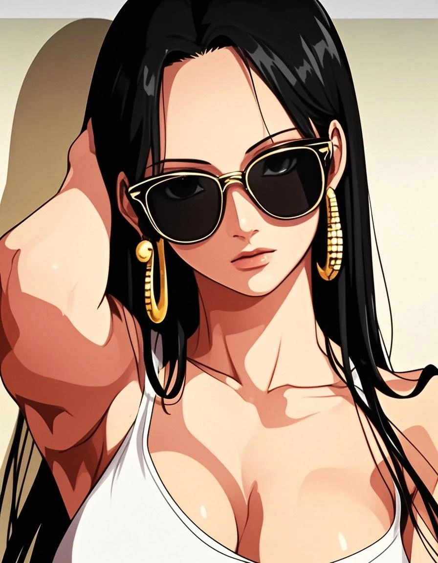 <lora:Michiko Malandro:0.5> Michiko Malandro, 1girl, solo, dark skin, dark-skinned female, long hair, jewelry, earrings, black hair, halter top, shorts, glossy lips, sunglasses, hour glass body, day, looking back