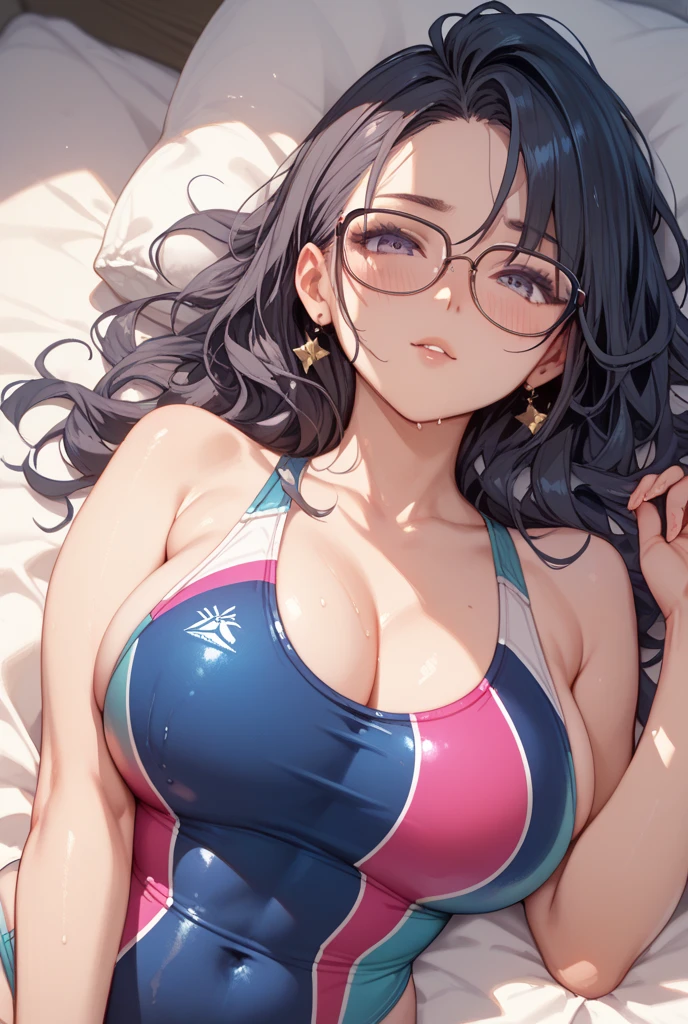 ((Micro bikini that accentuates sexy breasts:1.75)))、(((Sexy knee-highs:1.35)))、((((Emphasizes the sexy crotch:1.35)))、((((Spread your legs wide、Touching the thigh、There is a lot of pubic hair showing off the crotch、large pointy breasts))))、(Highest quality,4K,8k,High resolution,masterpiece:1.2),Very detailed,(Realistic,photoRealistic,photo-Realistic:1.37),Portraiture,sexy,cute,Beautiful Face,Strong gaze,Smiling blush,Black Hair,ponytail,Glasses,Purple knit off-shoulder sweater,Exposing shoulders,Black trousers,Lying in bed,Put your head on the pillow,Look up,Mid-chest,Cleavage,Perfect body