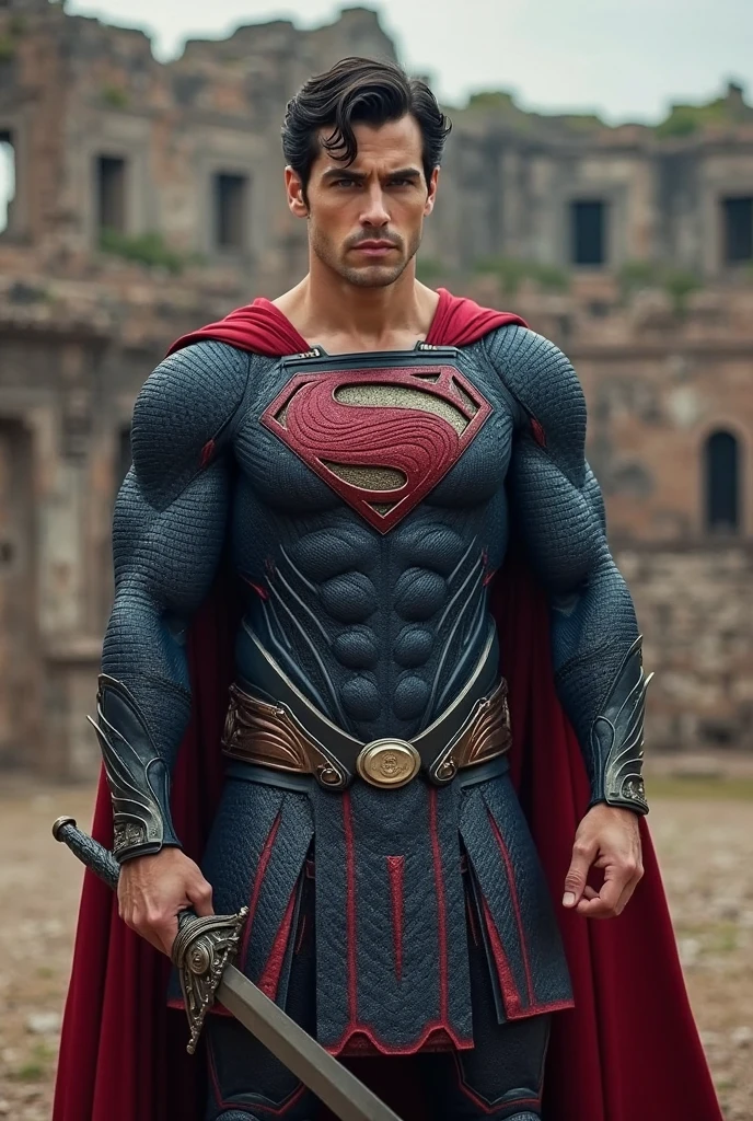 The character super man in a medieval setting, with a dark theme.
