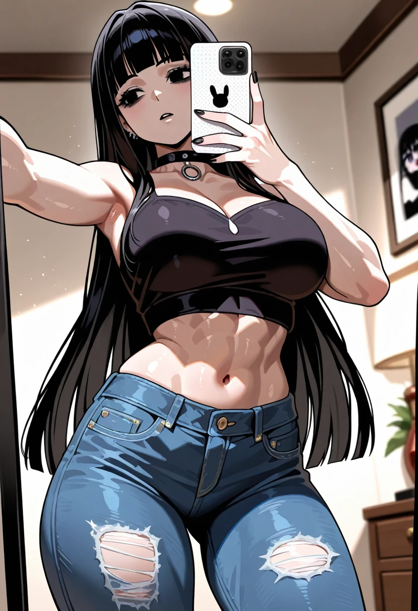A cute sexy girl smiles kindly friendly emotion shy nervous scared mute long wavy black emo hair mencho her black eye dresses corset bra shows navel and sensual jeans thigh red tennis shoes