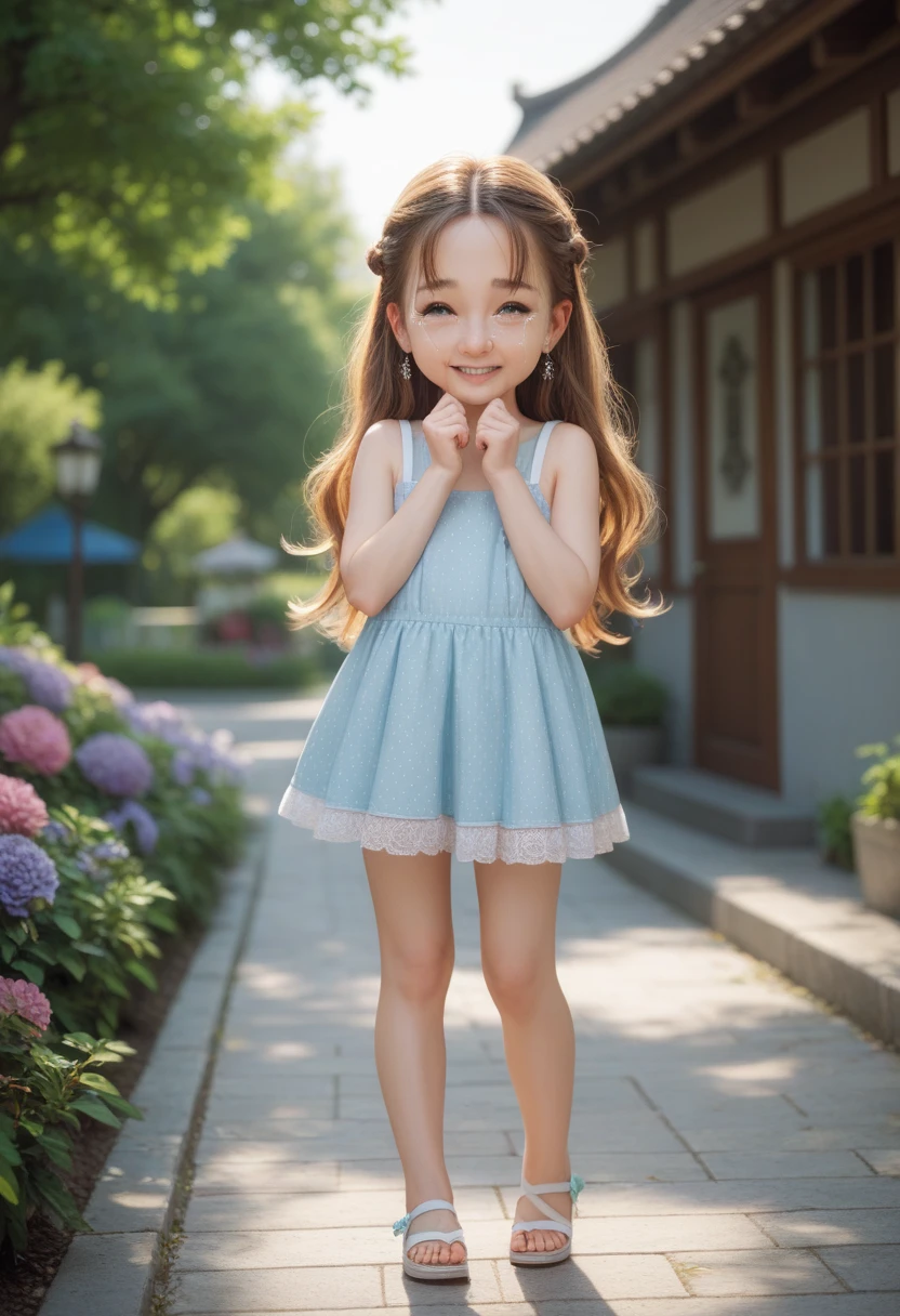 7 YEARS OLD GIRL, PERFECT SENSUAL CHILD BODY,  WITH  LOOK TO VIEWER, masterpiece, best quality,1girl,young girl, brown eyes, drill hair, shiny_skin, tiny :1.3 BREAK polka_dots_wrap_dress,socks,flat_shoes BREAK day, cinema,, crowd:1.1,depth of field, looking at viewer,random view, ((standing)),((full body)),((lifting dress)), ((showing cotton panties deep inside perfect child )), ((showing )), FULL BODY IMAGES 8K