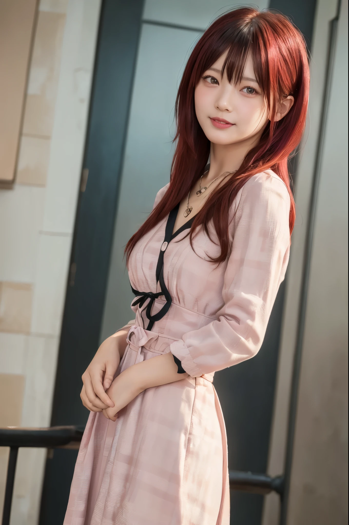 (top quality、8k、32K、masterpiece)、(realistic)、(realistic:1.2)、(high resolution)、very detailed、 very cute face and eyes、1 、round face、tight waist、Delicate Body、(close、top quality、attention to detail、rich skin details)、(top quality、8k、Oil:1.2)、(realistic、realistic:1.37)、bright color、(((I have Red hair)))、(((cowboy shot)))、(((Girly Hair)))、(((I have a girly hairstyle)))、(((Smiling expression)))、((( Red hair )))、((It's a pink and black dress)))、(((I'm wearing a gingham check dress)))、(((I'm putting my hand on my waist)))、(((I have Red hair)))、((( I'm wearing a pink dress )))、(((has bangs)))、((( moon necklace )))、(((I have medium hair)))、(((it's in a frame)))、(((happy)))、background is white wall