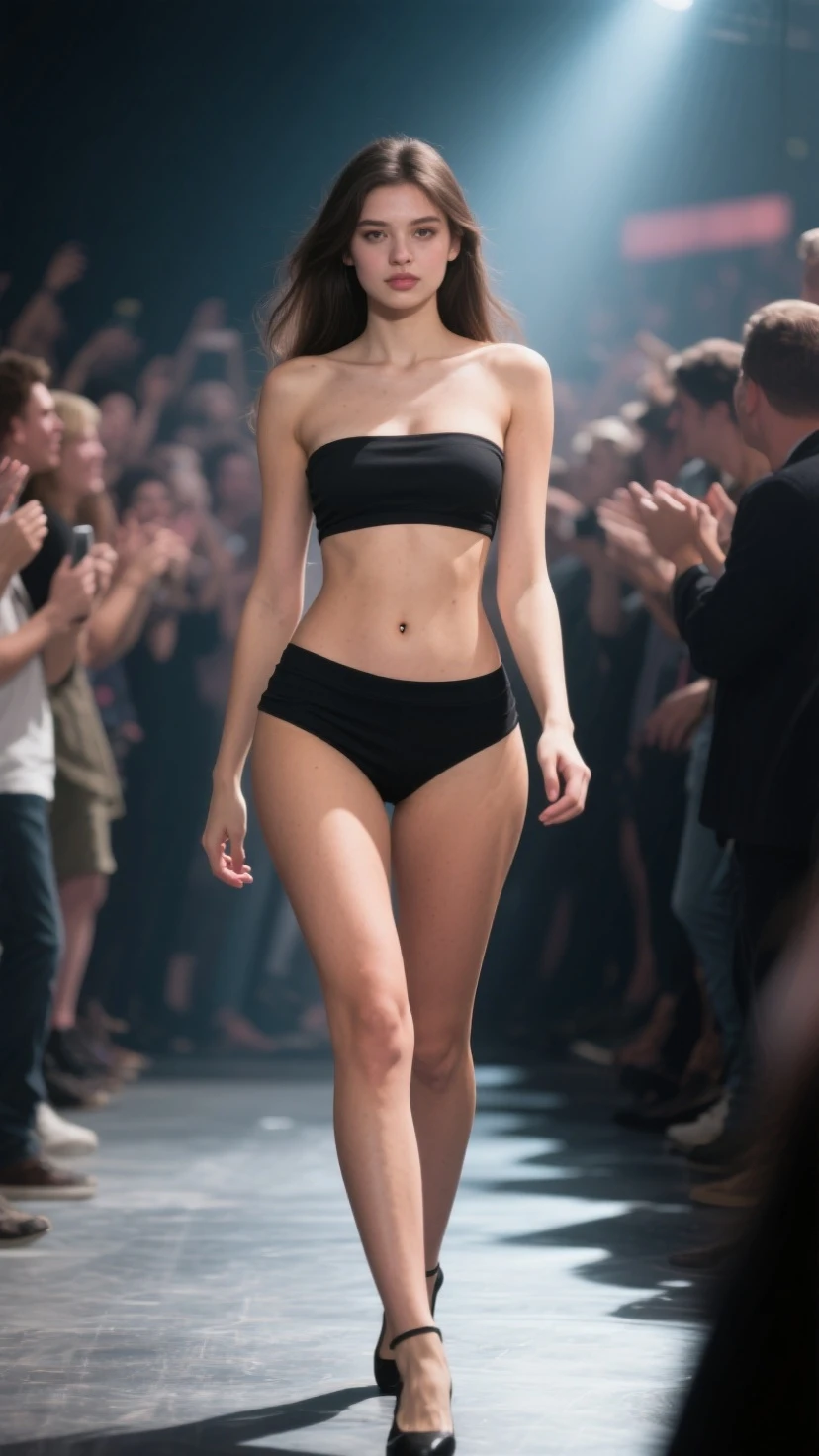 Handsome young man with a beautiful, thin, white, handsome face, smooth skin, shirtless, wearing a swimsuit on a masculine catwalk. The public applauds and celebrates with bubbles. Tall, white, carefree man.