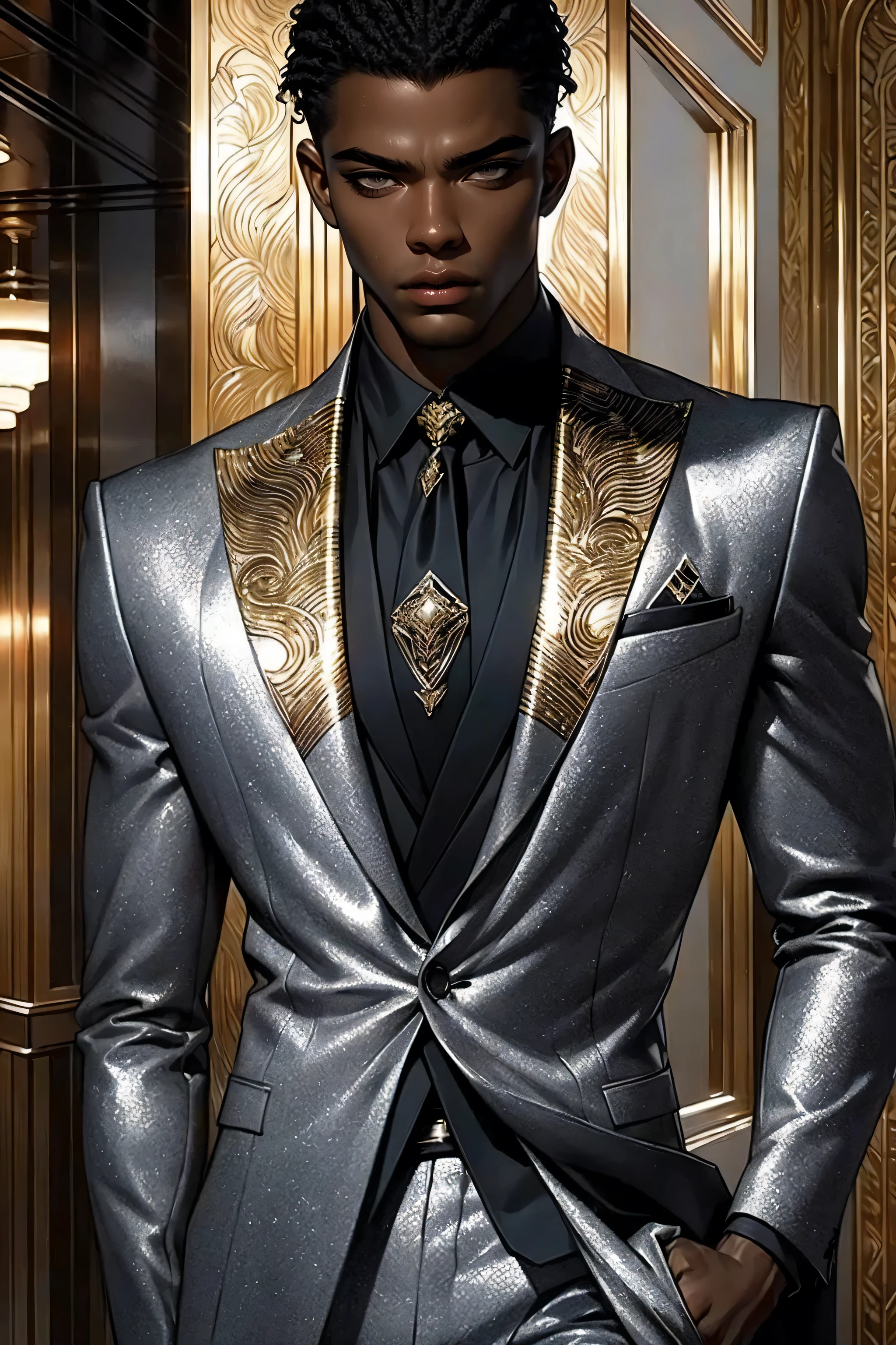 Best quality, masterpiece, very detailed, semi-realistic, HD, gorgeous African man, dark hair, dark eyes, (solo), highly detailed textures, sexy body, movie style, (male focus), standing in a hotel lobby, (male focus), wearing a black suit, silver tie, detailed background, seduction, visual novel
