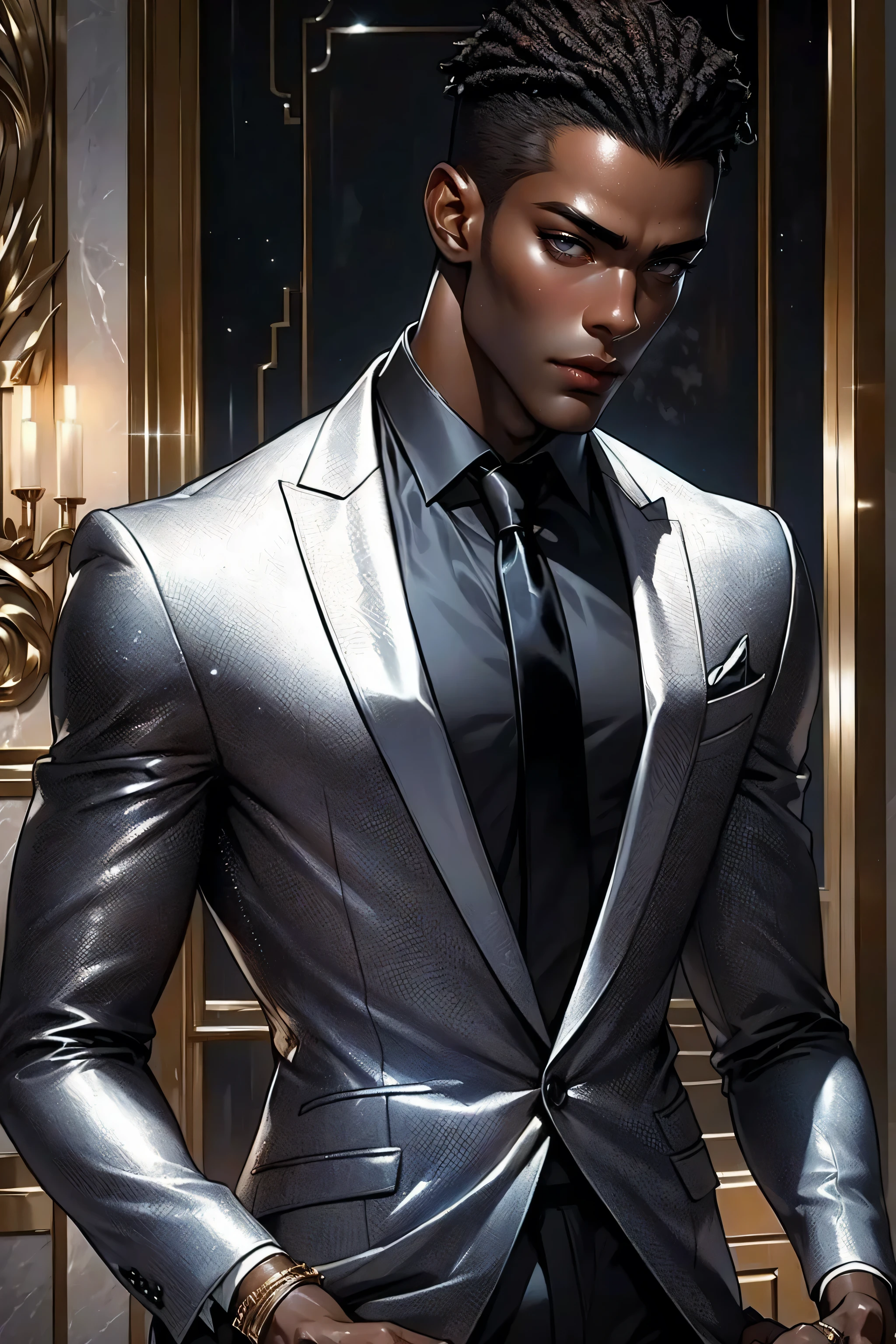 Best quality, masterpiece, very detailed, semi-realistic, HD, gorgeous African man, dark hair, dark eyes, (solo), highly detailed textures, sexy body, movie style, (male focus), standing in a hotel lobby, (male focus), wearing a black suit, silver tie, detailed background, seduction, visual novel