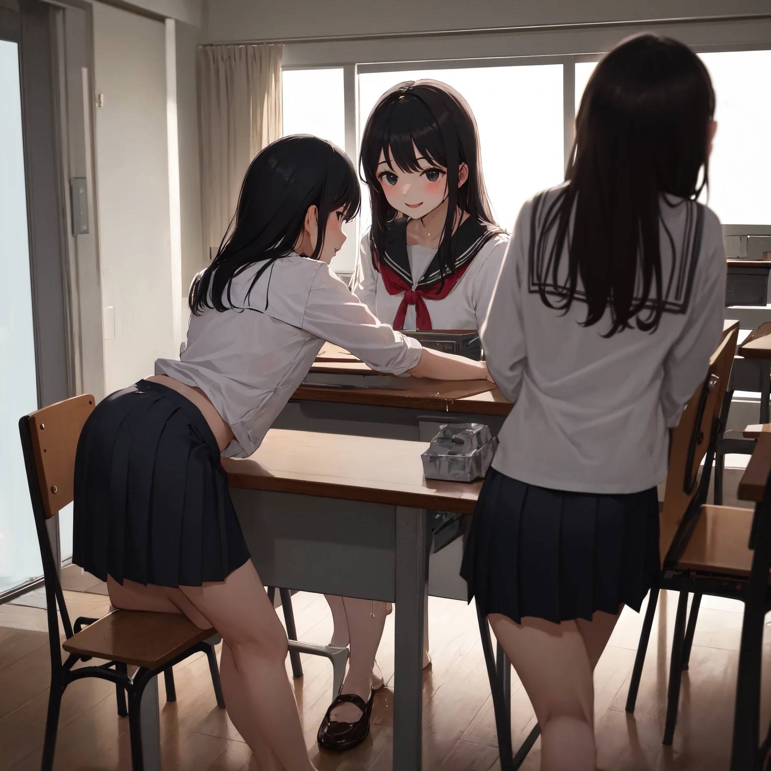 2 women, 2 schoolgirls, 2 female students, students, anime, Nude, submissive, shy, On knees, in front of the room