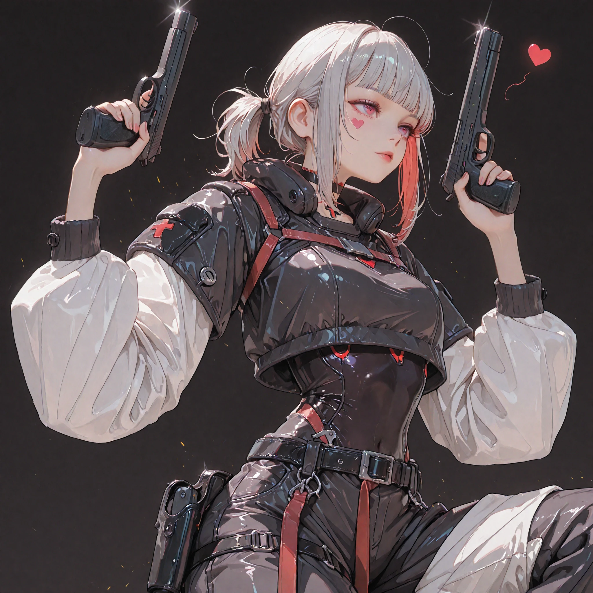 best quality, 1boy, solo, white background, red lips, black and white hair, cyberpunk style clothing, carrying a firearm,