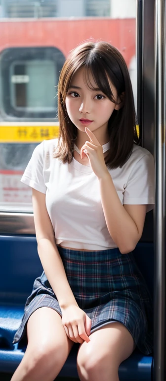Japanese junior high school student sitting on a train seat,(Focus on her crotch:1.1),Between her clothes,Under her skirt,Ultra low angle,Wear glasses,Small breasts,There is a stain in the crotch area,Sweat,She is sleeping,Nipples,Legs slightly apart,Thin legs,whole body,Slim legs,skinny,Masturbation