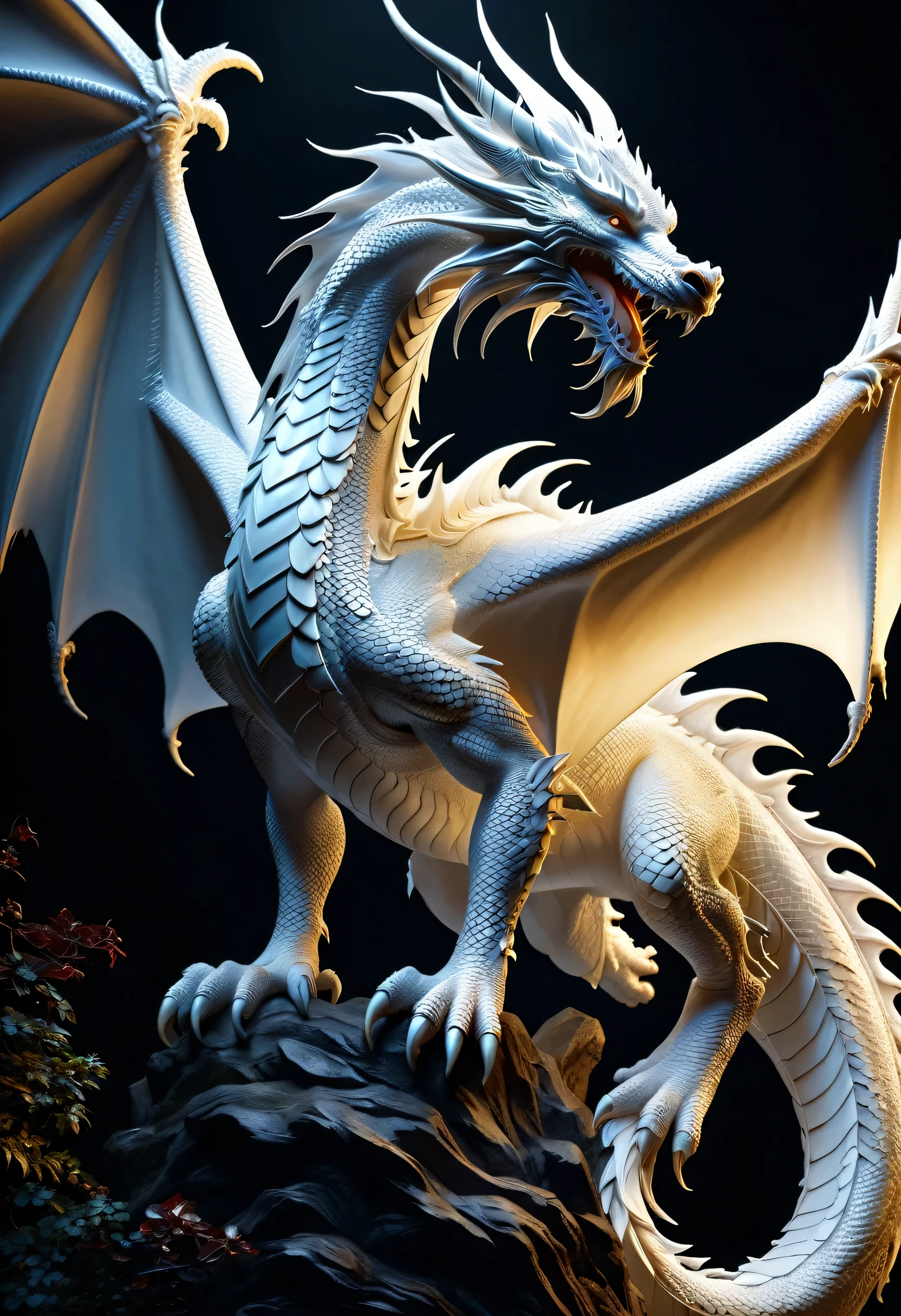 best quality, a stunning artwork of a beautiful white dragon, intricately detailed, (best shadow), elegant, volumetric lighting