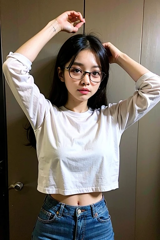 (Best quality, masterpiece, detailed), (RAW, 4k, hd images), shy, 1 girl, 17 years old, white skin, long hair, ponytail, layers hair, bangs, black hair, beautiful girl, cute girl, sweet girl, pretty girl,perfect girl, pretty eyes, blue eyes, thin lips, thin,(eye line, lip stick pink soft) perfect , glasses(detailed frame), indoors, white tshirt, hot pants, thigh