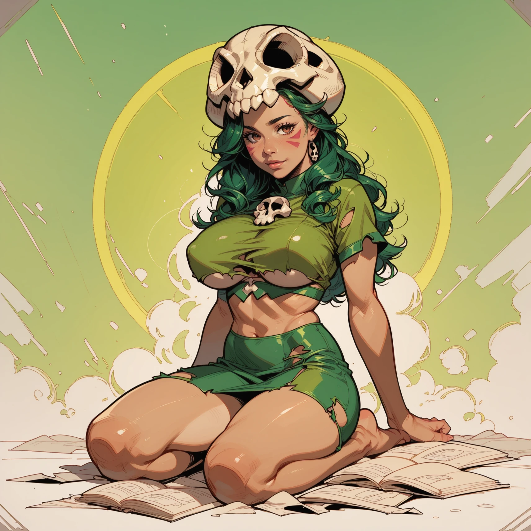 masterpiece, best quality, thesilent, dark skin, skull, covered face, green cloak, bandages, midriff, bandaged legs, upper body, huge breasts, thick thighs, looking at viewer, chiaroscuro, stone walls, dungeon, serious,