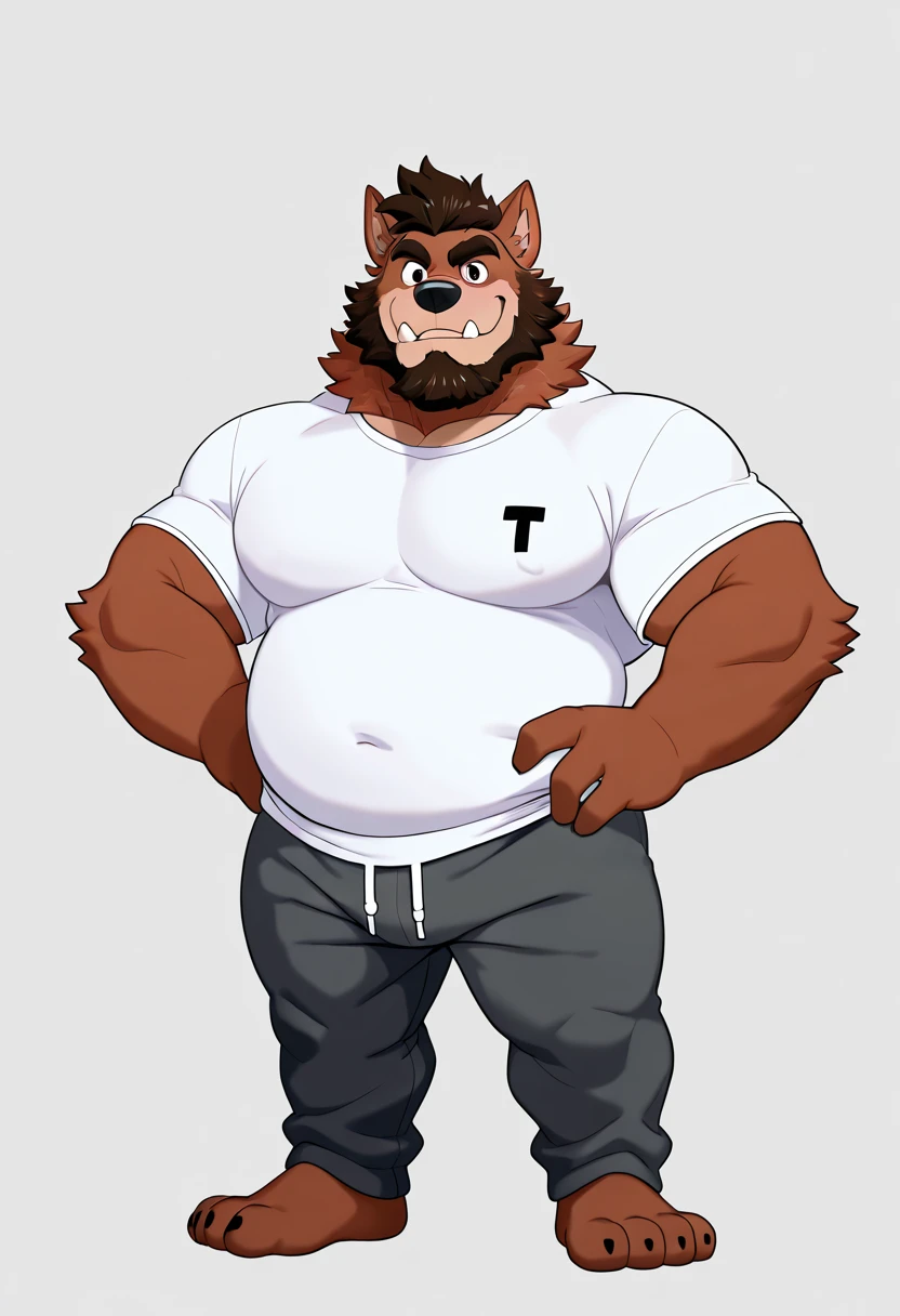 solo, 1boy, Huge Muscular Old Grizzly Bear wearing glasses , pectoral, huge pectoral, wide pectoral, short white hair, short pants and shirtless topless, bearded, Mustache, simple background, masterpiece, high detailed, 8k, high resolution, at the gym, posing, flexes huge muscles, background gym