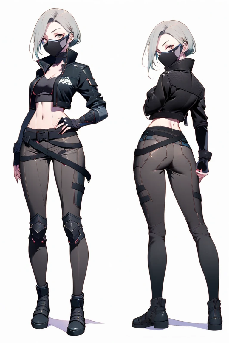 Cyberpunk adventure game female character, whole body, character design sheet, same characters, fallback-v4-3:2 air, (black eye stone, short angle), Detailed face and body, futuristic clothing , High quality rendering.Three View，（（Front view，side view，dorsal view））