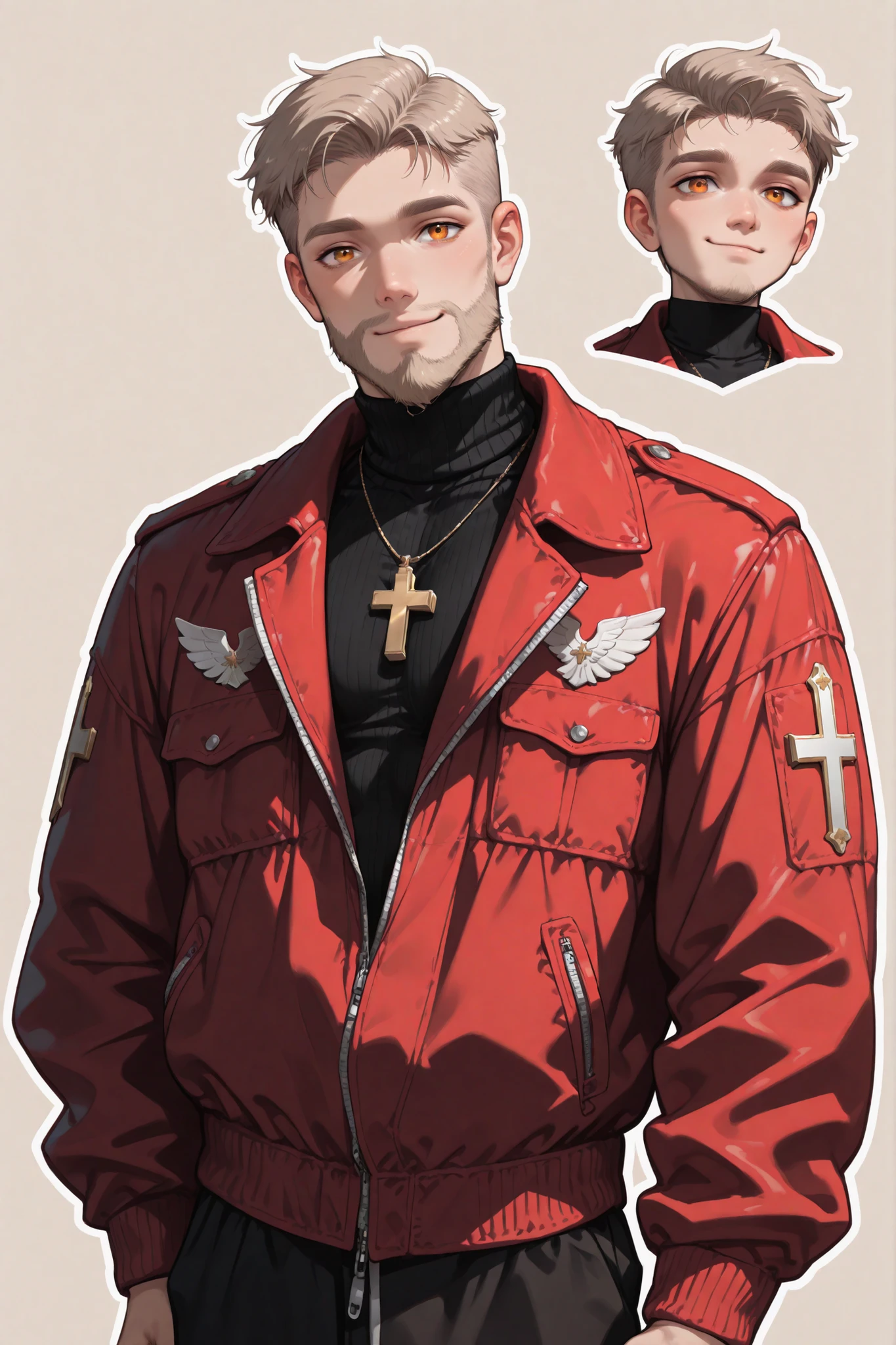 (masterpiece), best quality, expressive eyes, perfect face,1 boy, short hairs, orange eyes, looking at viewer, cowboy shot, soft eyes, respectful, smiling, (( young man, male, short hairs, Russian boy, broad shoulders, beard, fighter)), ((( wearing black turtleneck, red jacket, christian cross necklace, white crest))), ((very short hairs, brown hairs, golden eyes)), (plain background), semi realistic, Balletcore, white outline