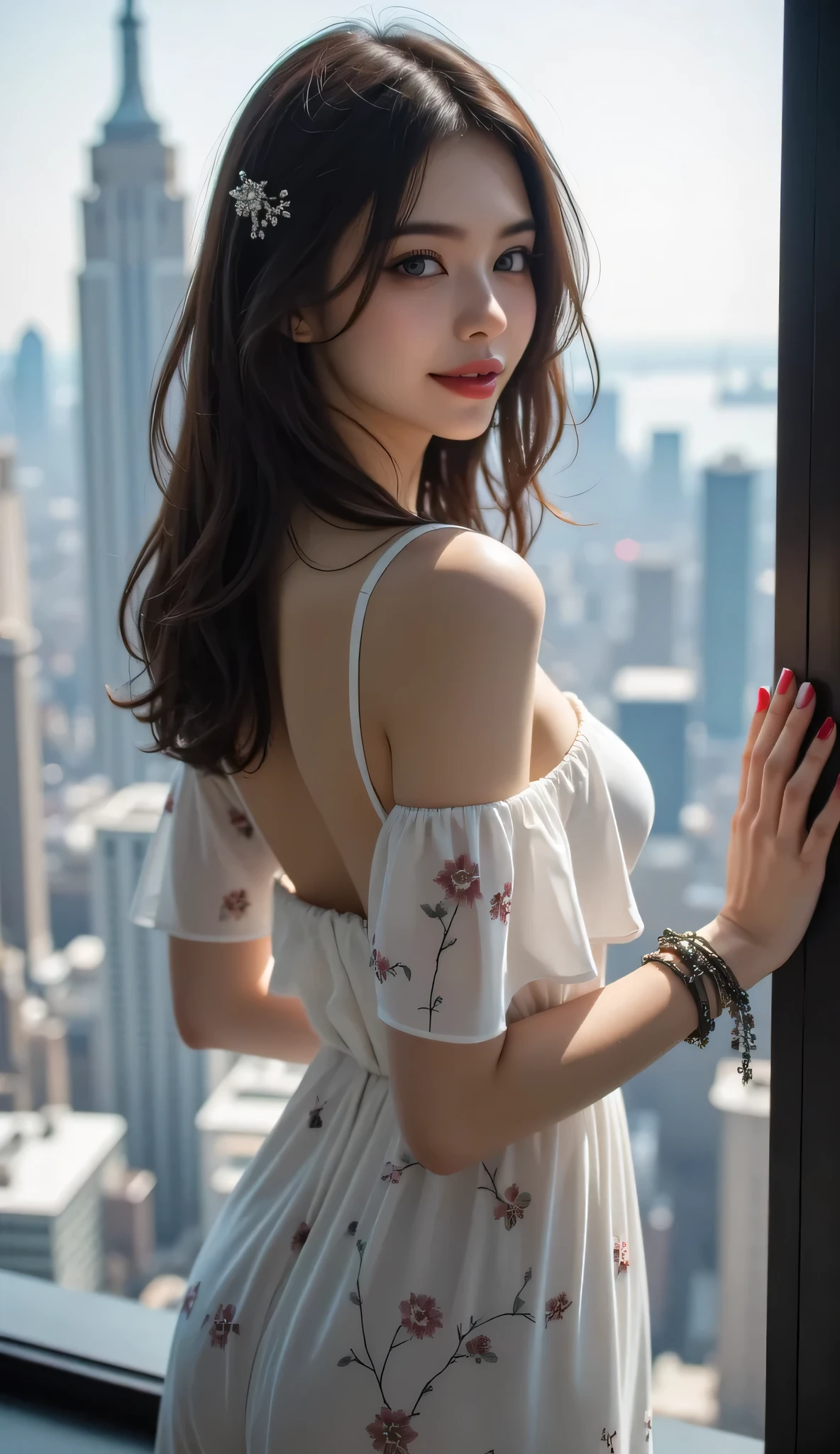 (8K high image quality), (top-quality), (RAW image quality),(masutepiece:1.2), (Realistic), (Photorealistic:1.37), large eyes,long eyelasher,Exquisite,The Ultimate Face,Photorealistic light and shadow, Clear facial features,milky skin,Fair skin, highdetail skin,Realistic skin details,Visible Pore,(Super Detail),Hair length is random, (Flowing hair),Best portraits,Shot from a short distance, Only one girl, highly detailed skin) , 25-years old,(Beautiful Face 1.4),A slender, (Wear a floral dress:1.2),((New York City Windy Ferry:1.3)), (Looks fun),red lipsticks,((Wear a floral dress)),Very beautiful legs,(((Standing))),((Smile at your audience)),The color of the panties is pink, purple, Very attractive smile,(((A very strong wind blows and exposes her panties))),((Standing and showing off white panties)),It is a simple dress with a very short length,((The panties are flipped up by the wind)),posterior view,Slightly larger buttocks, skirtlift, (coy smile:1.2), (Slavic supermodel:1.2), (side view:1.2),