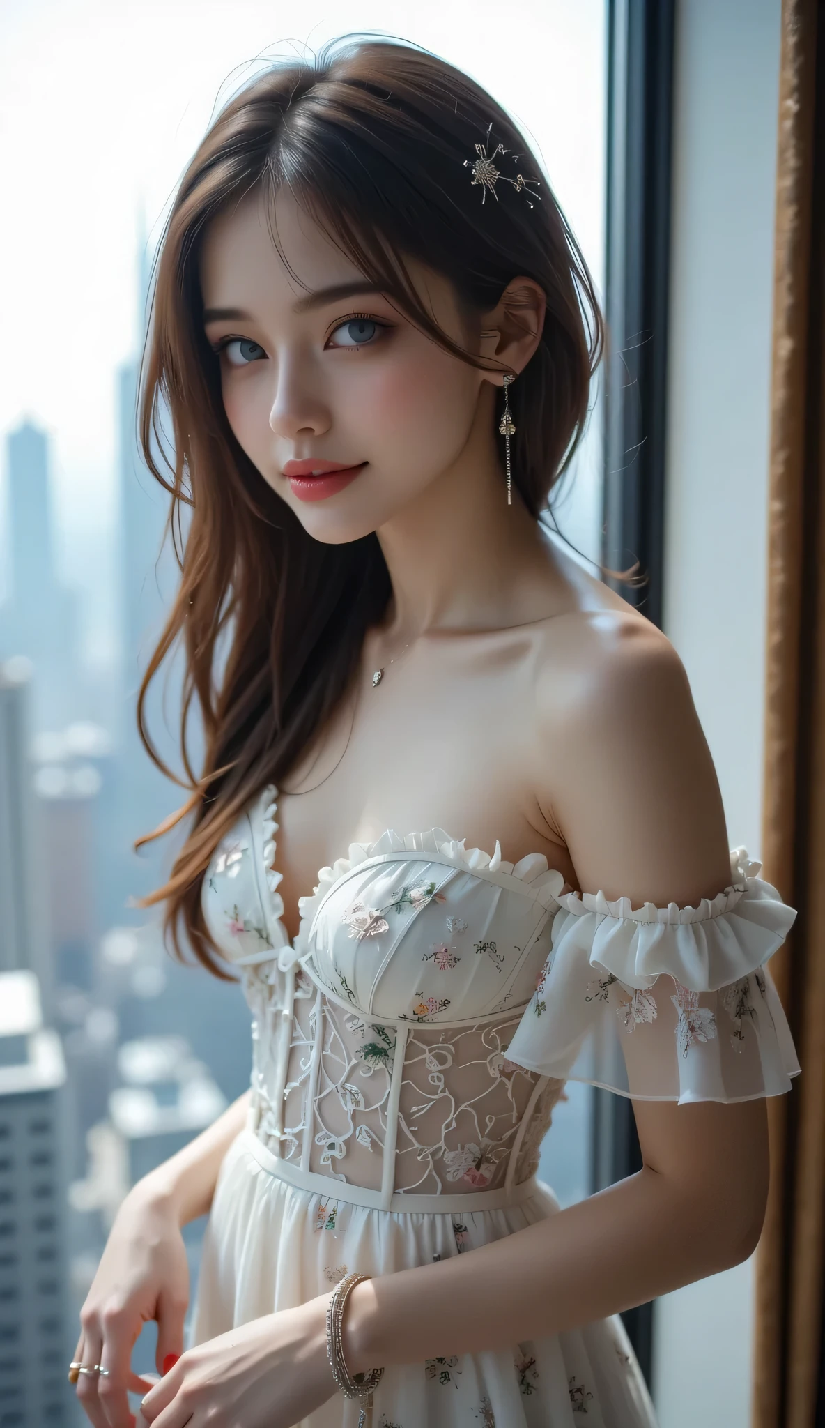(Highest image quality, high resolution, realism: 1.2), dramatic lighting, oil painting, big breasted girl, delicate skin texture, flowing long hair, elegant posture, bright colors, meticulous painting, portrait painting, realistic makeup, Strong gaze, exquisite facial features, complex background, professional illustrations, ((lace fabric 1.5))), big breasts 1.5, large cleavage, see-through sexy dress 1.4