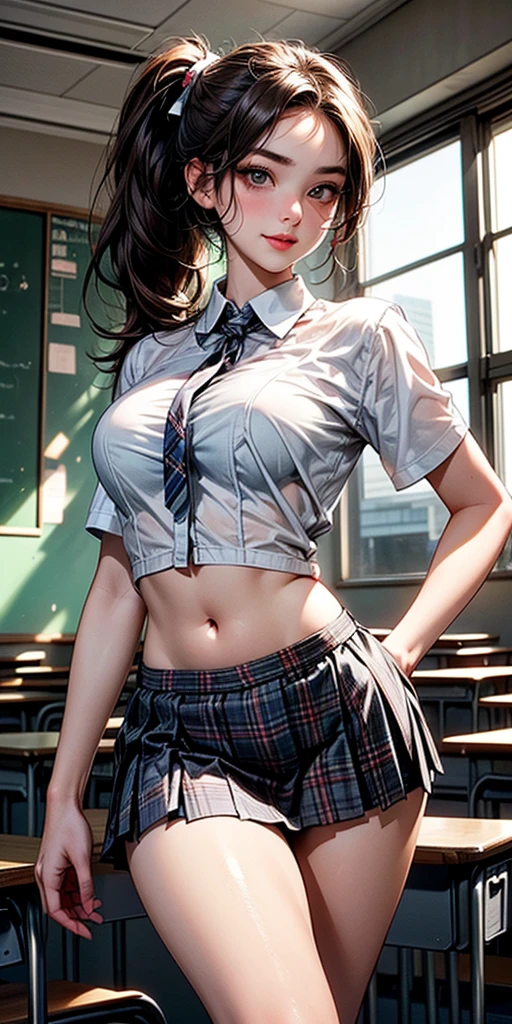 Best quality, masterpiece, ultra high res, (photorealistic:1.4), raw photo, (perfect body shape), (slim:1.2), dynamic pose, 1girl, (full figure:0.9), solo, big breasts, sagging breasts, ((torn school uniform:1.2)), plaid mini skirt, in the dark, (night time), ((running on the street towards to camera direction:1.2)), deep shadow, low key, cold light 12000K
