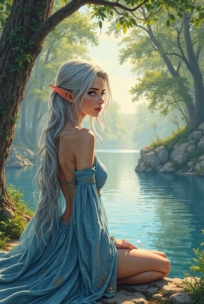 The extreme beautiful young water genasi of water, light blue skin, elf ears, colorful mystic light, water glow eyes, blue hair, UHD, by Aleksi Briclot and Alessio Albi and Emilia Rodriguez blushing, innocent looking, standing in swirling waves of water, 
