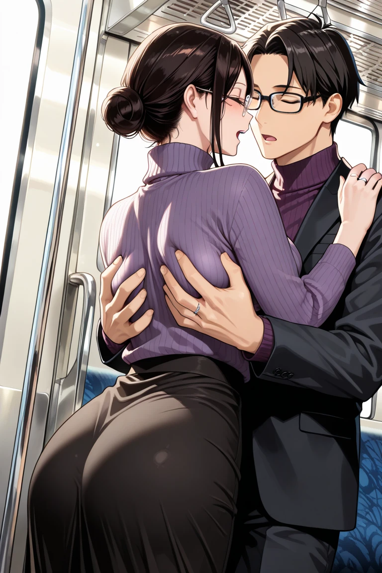 hyperrealistic anime,adult curvy female,at train,black hair,black t-shirt,jersey pants,short straight hair,glasses,unkempt hair,modest and sober female ,from behind and side,(pov grabbing woman's body:1),female blushed and grinning,