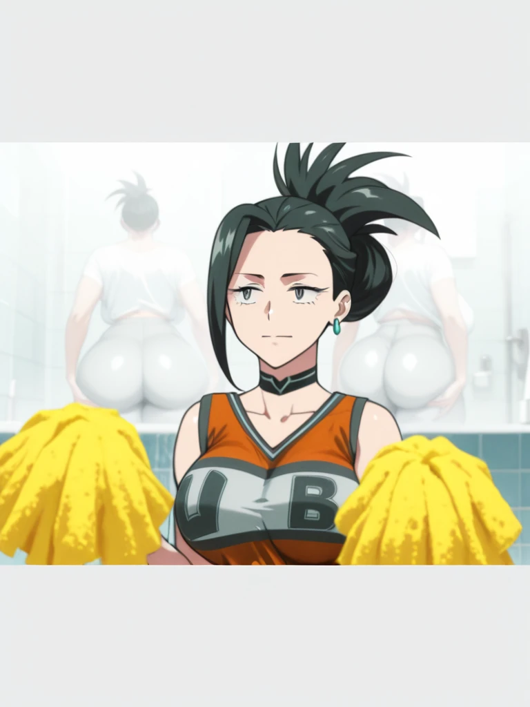 Momo Yaoyorozu from My Hero Academia wearing a cheerleader outfit being a sex slave twerking for her masters while having her huge ass filled with cum with a hand mark as if it were a spanking and her huge breasts dripping with cum 